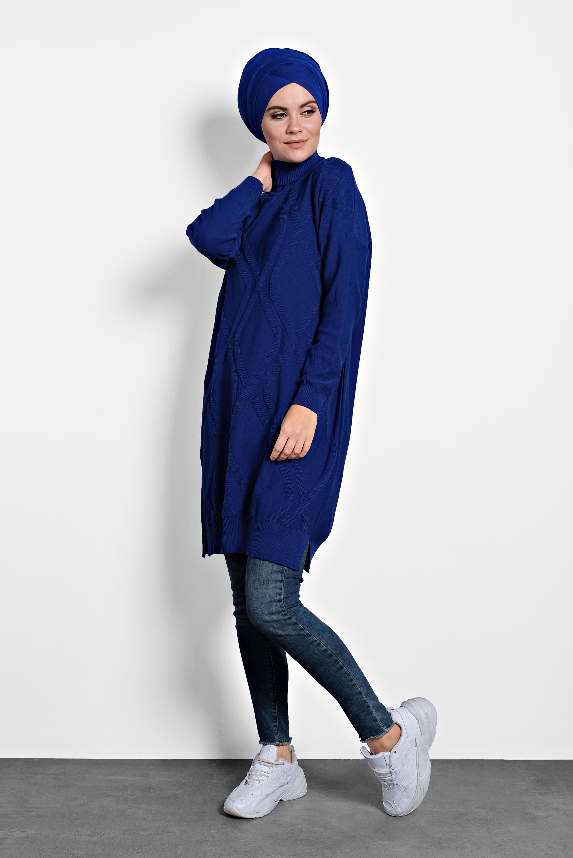 Tesettür giyim LACİVERT BALIKÇI YAKA İNCE TRİKO TUNİK 40072