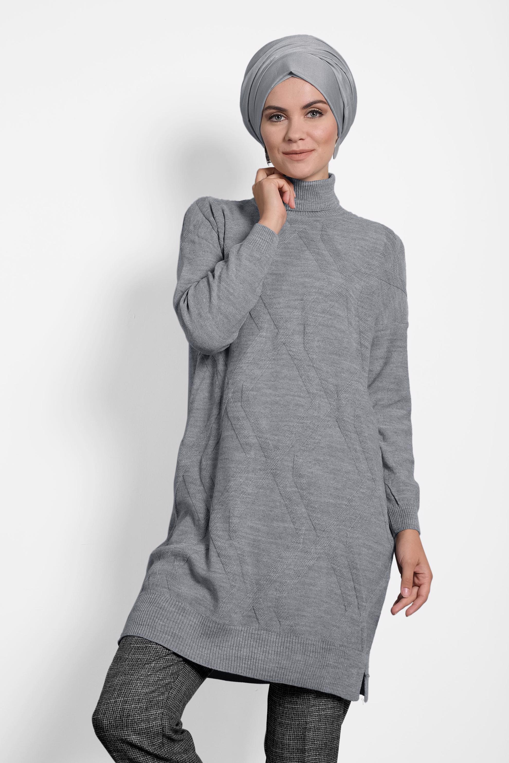 Tesettür giyim GRİ BALIKÇI YAKA İNCE TRİKO TUNİK 40072