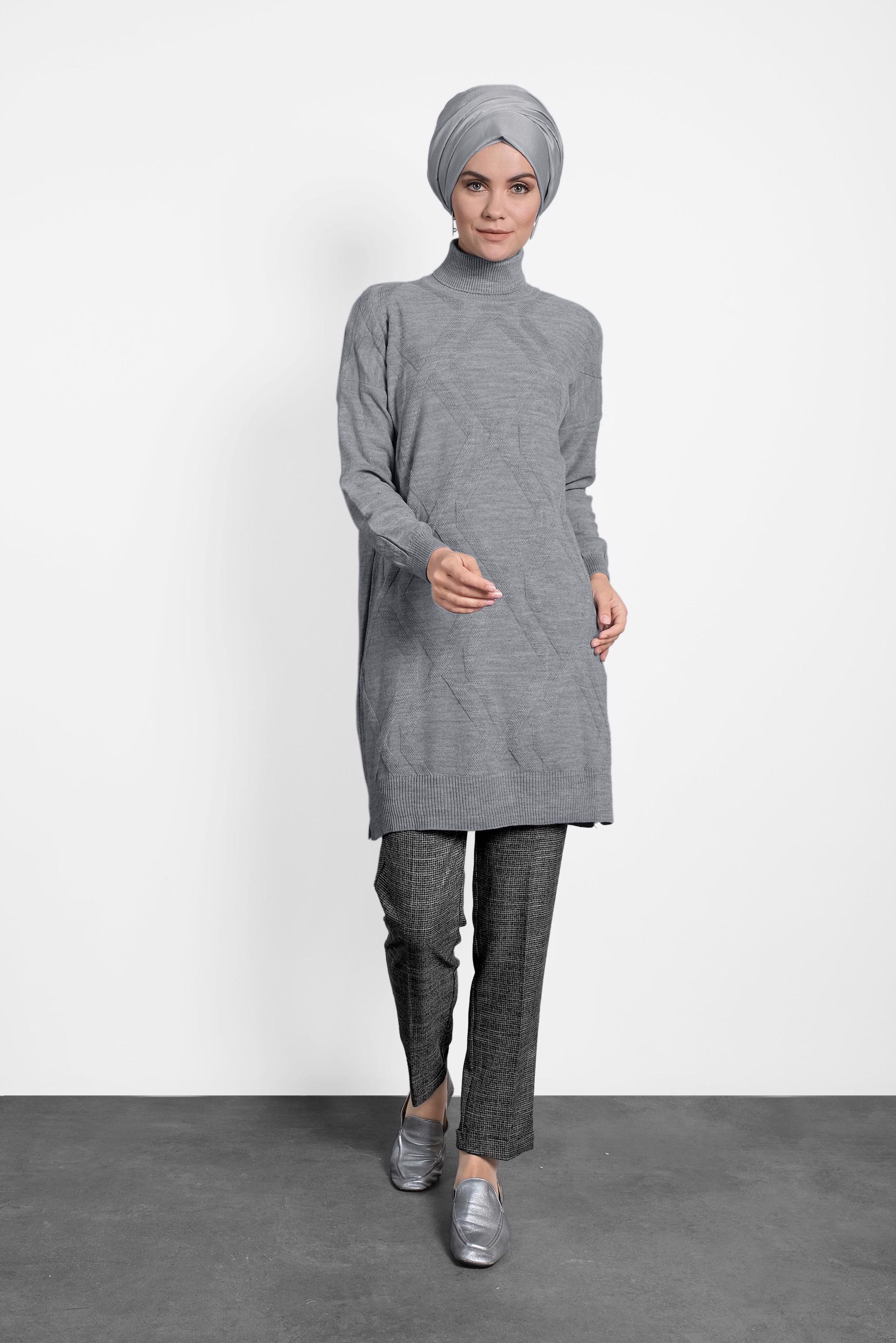 Tesettür giyim GRİ BALIKÇI YAKA İNCE TRİKO TUNİK 40072