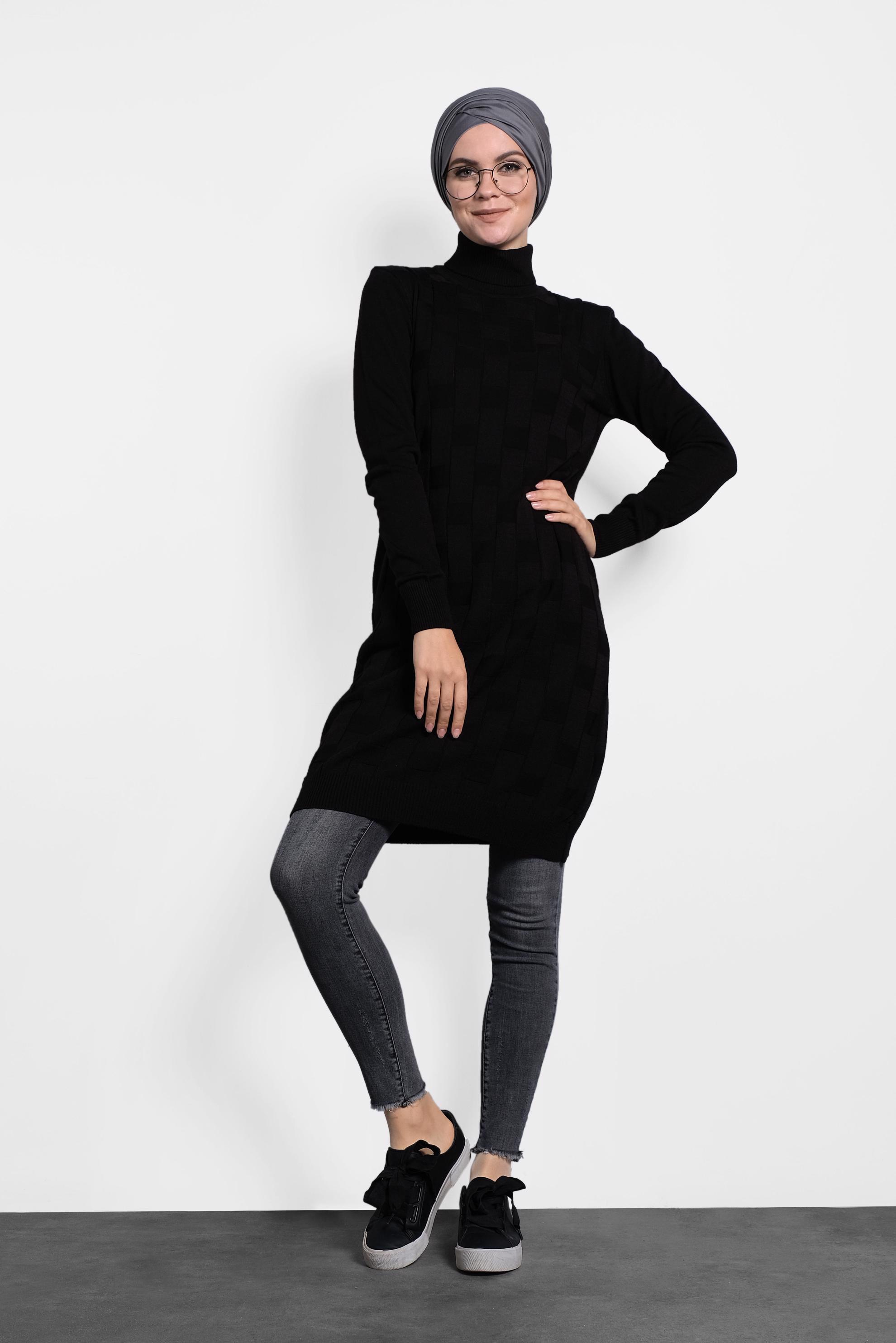 Tesettür giyim SİYAH BALIKÇI YAKA İNCE TRİKO TUNİK 40074