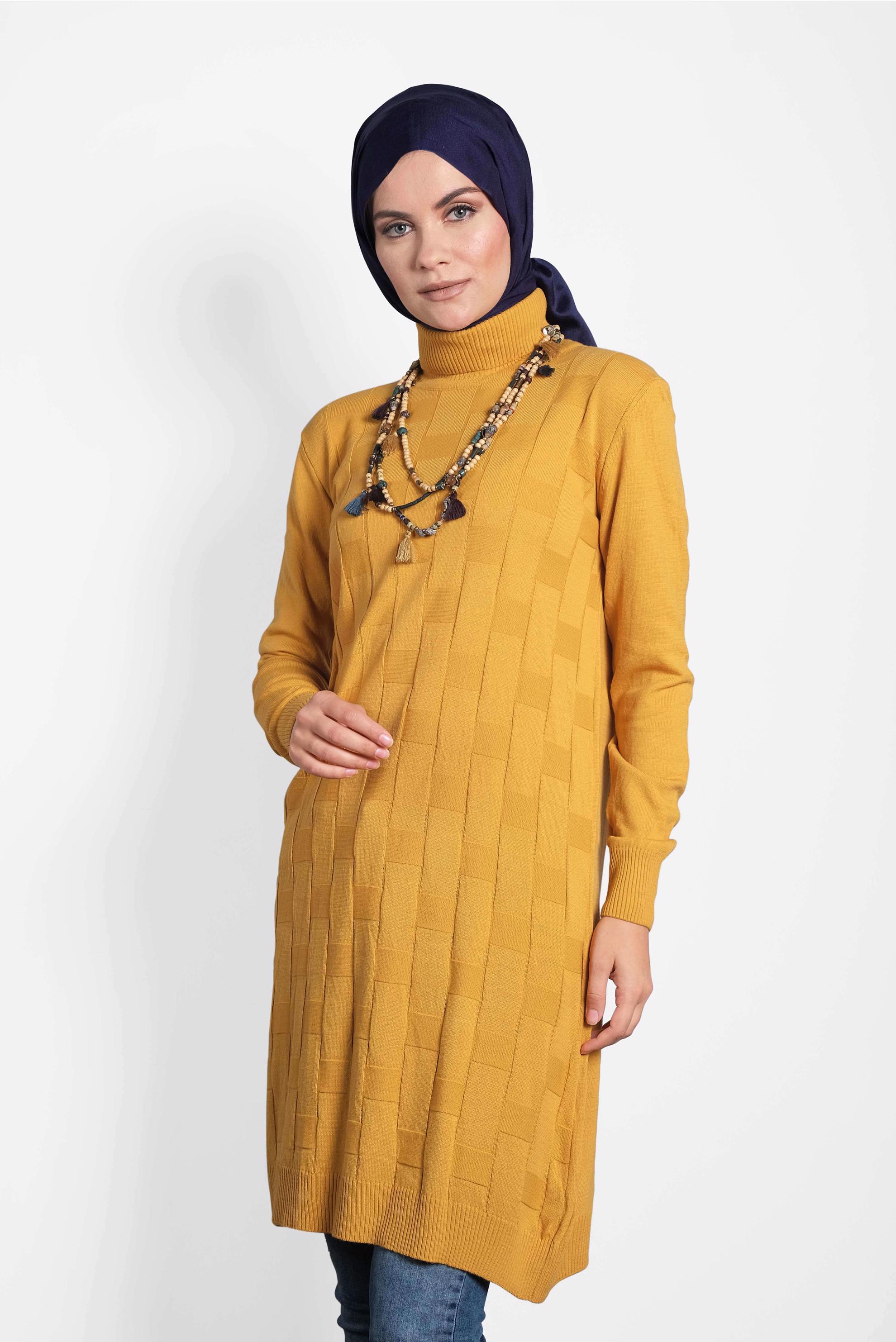 Tesettür giyim SARI BALIKÇI YAKA İNCE TRİKO TUNİK 40074