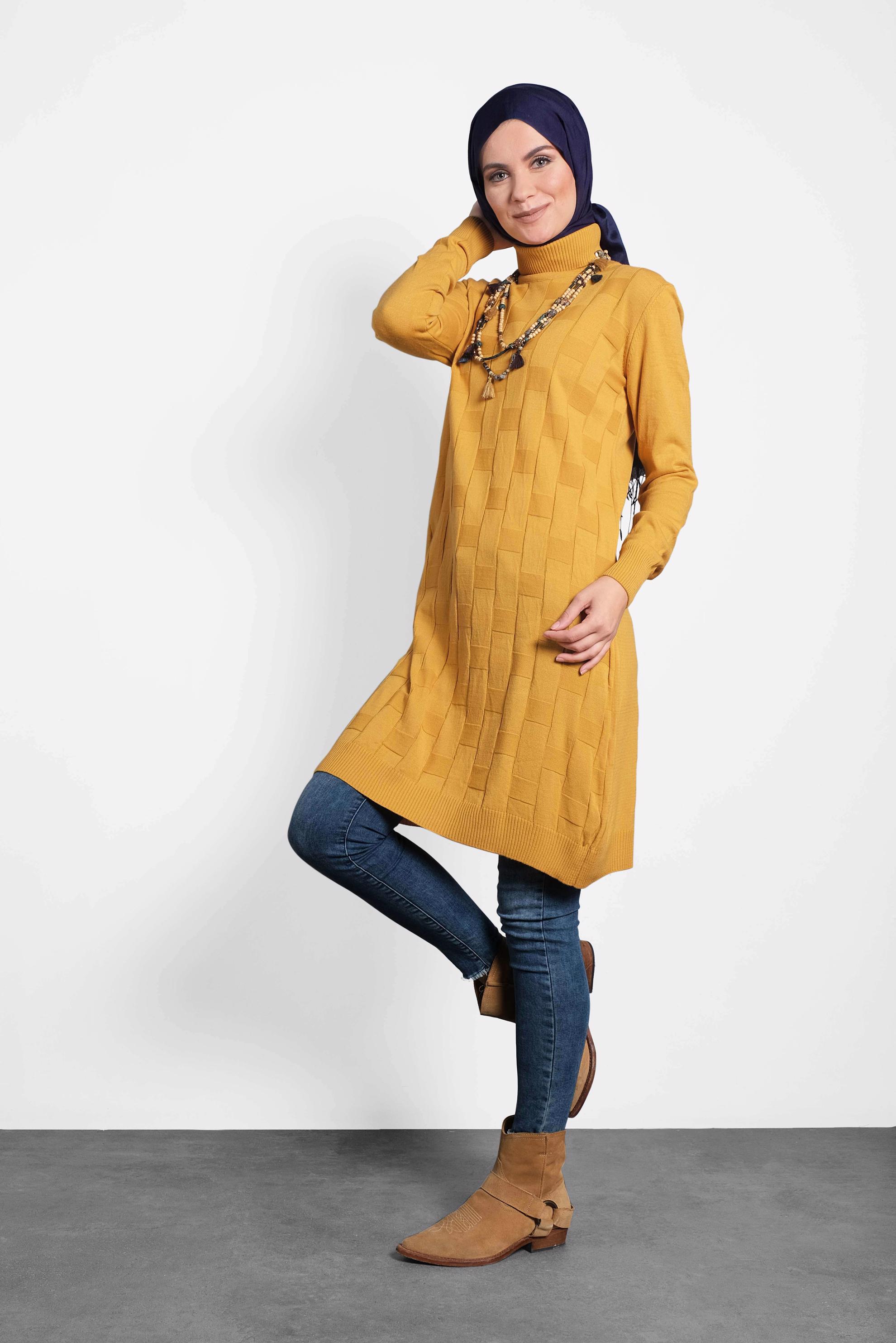 Tesettür giyim SARI BALIKÇI YAKA İNCE TRİKO TUNİK 40074