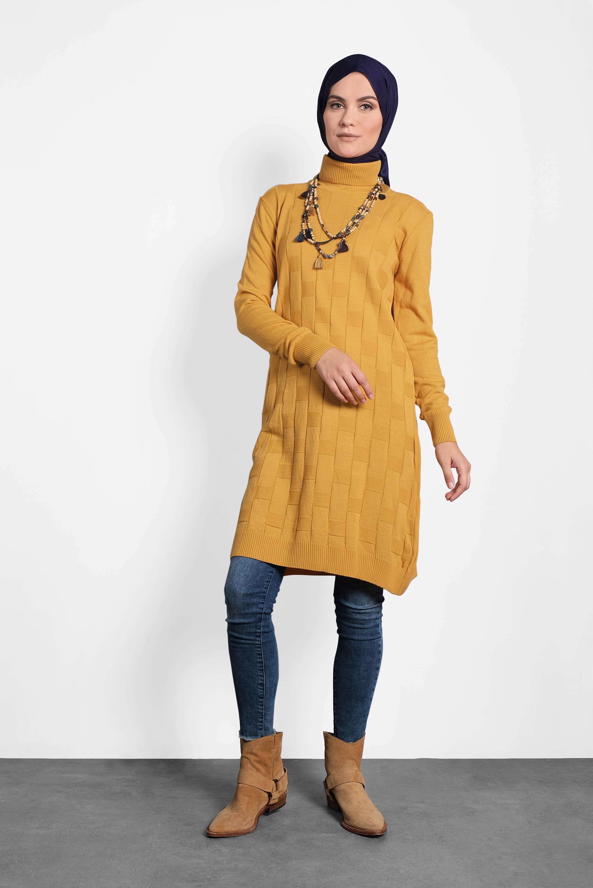 Tesettür giyim SARI BALIKÇI YAKA İNCE TRİKO TUNİK 40074