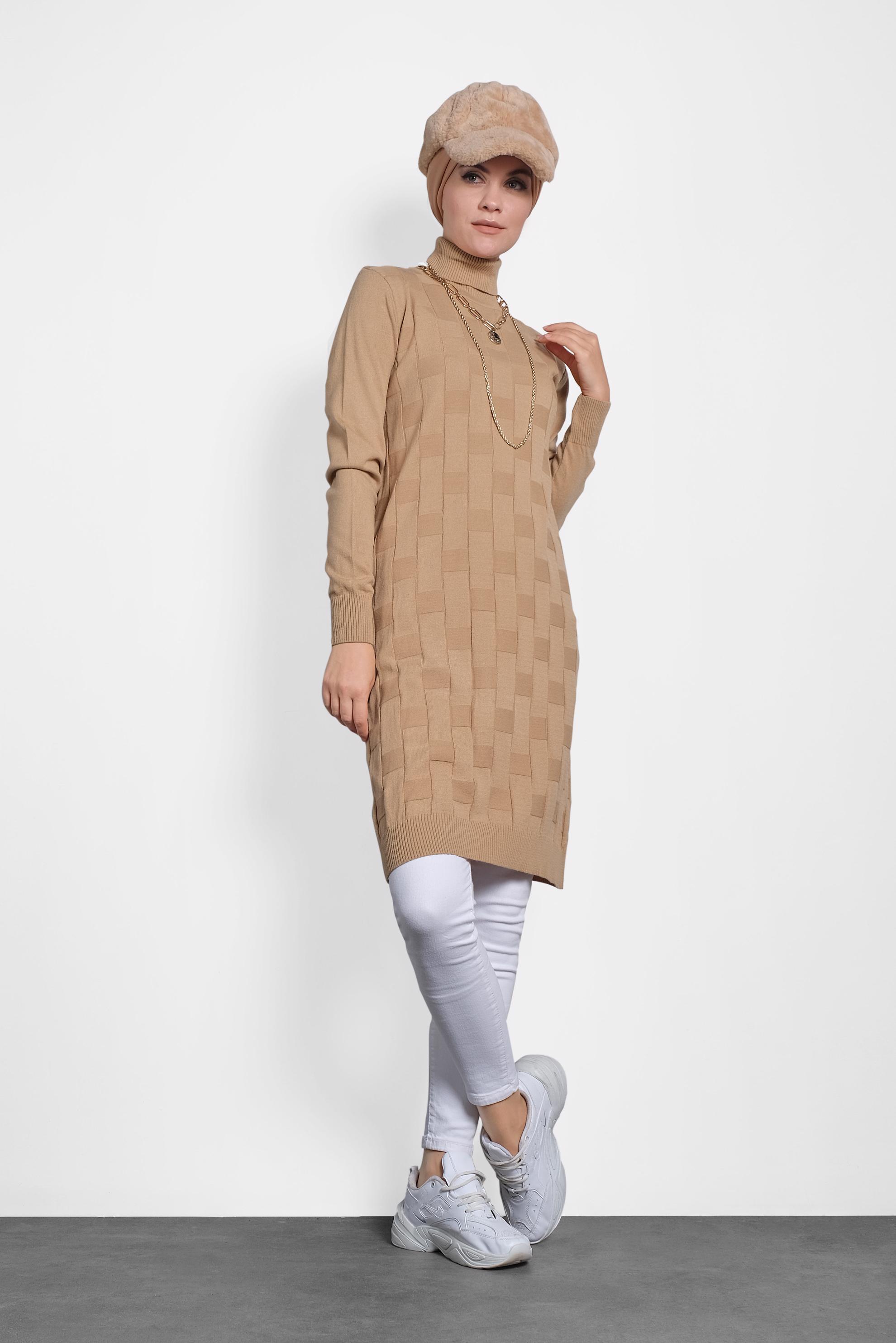 Tesettür giyim KAHVE BALIKÇI YAKA İNCE TRİKO TUNİK 40074