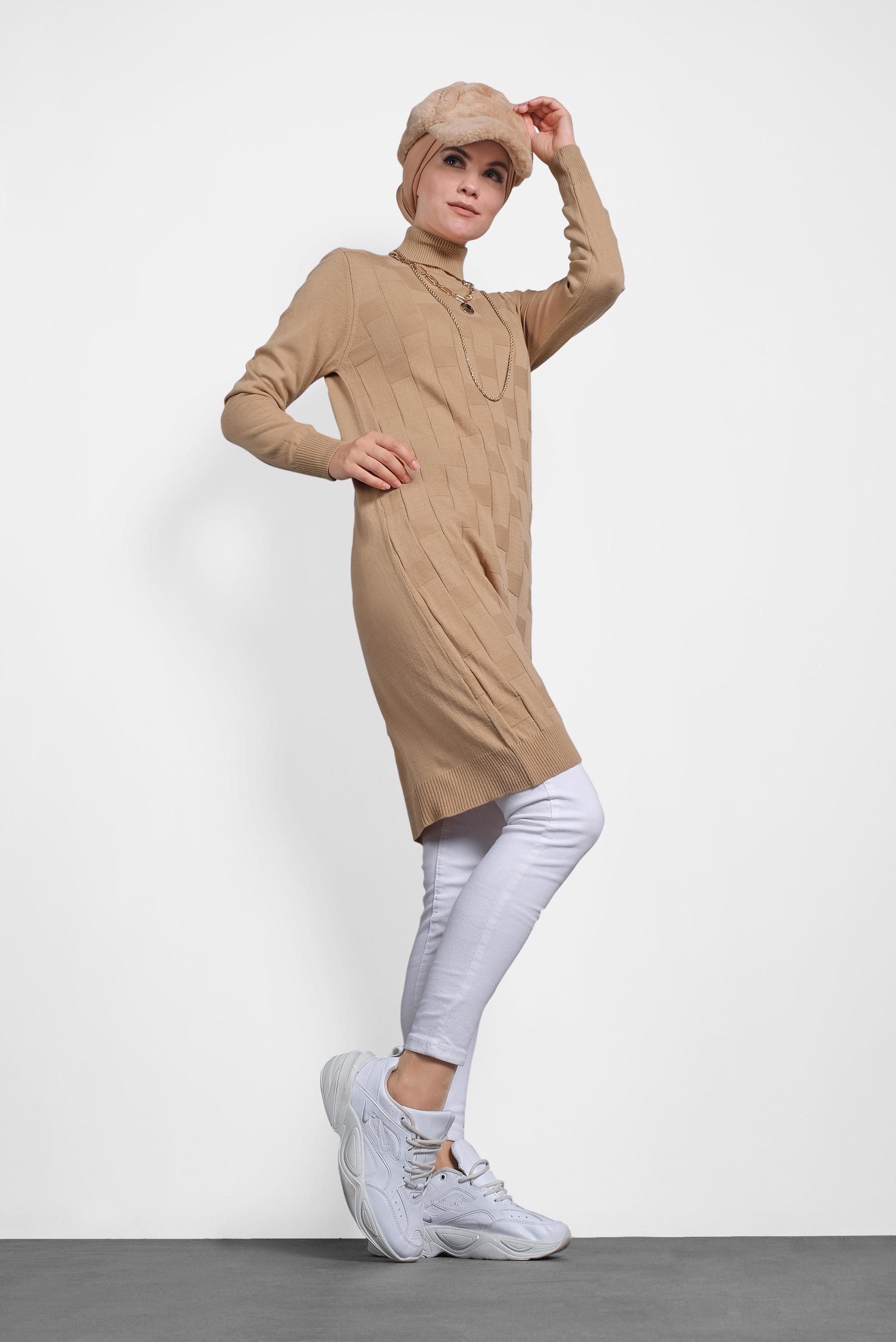 Tesettür giyim KAHVE BALIKÇI YAKA İNCE TRİKO TUNİK 40074