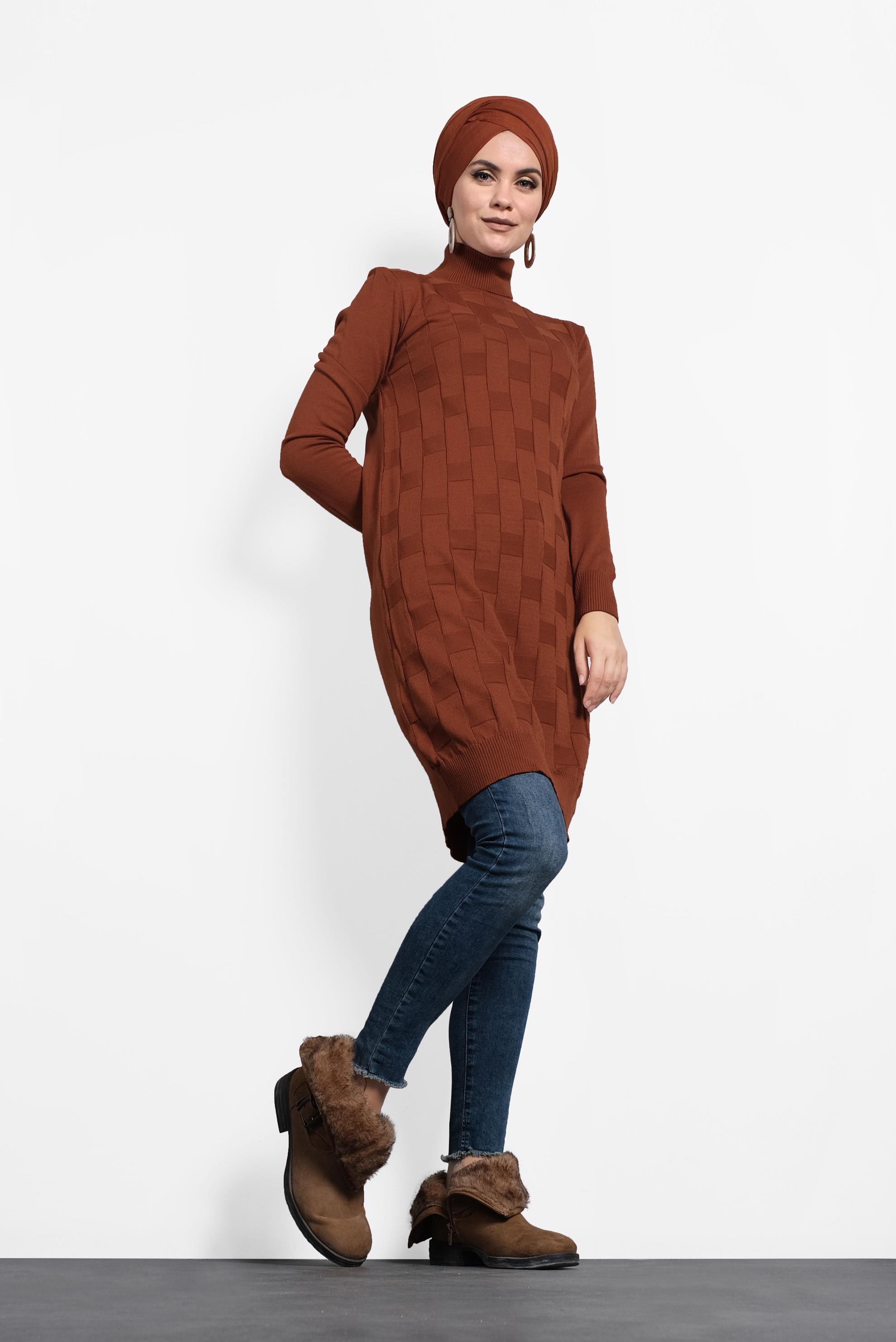 Tesettür giyim TURUNCU BALIKÇI YAKA İNCE TRİKO TUNİK 40074