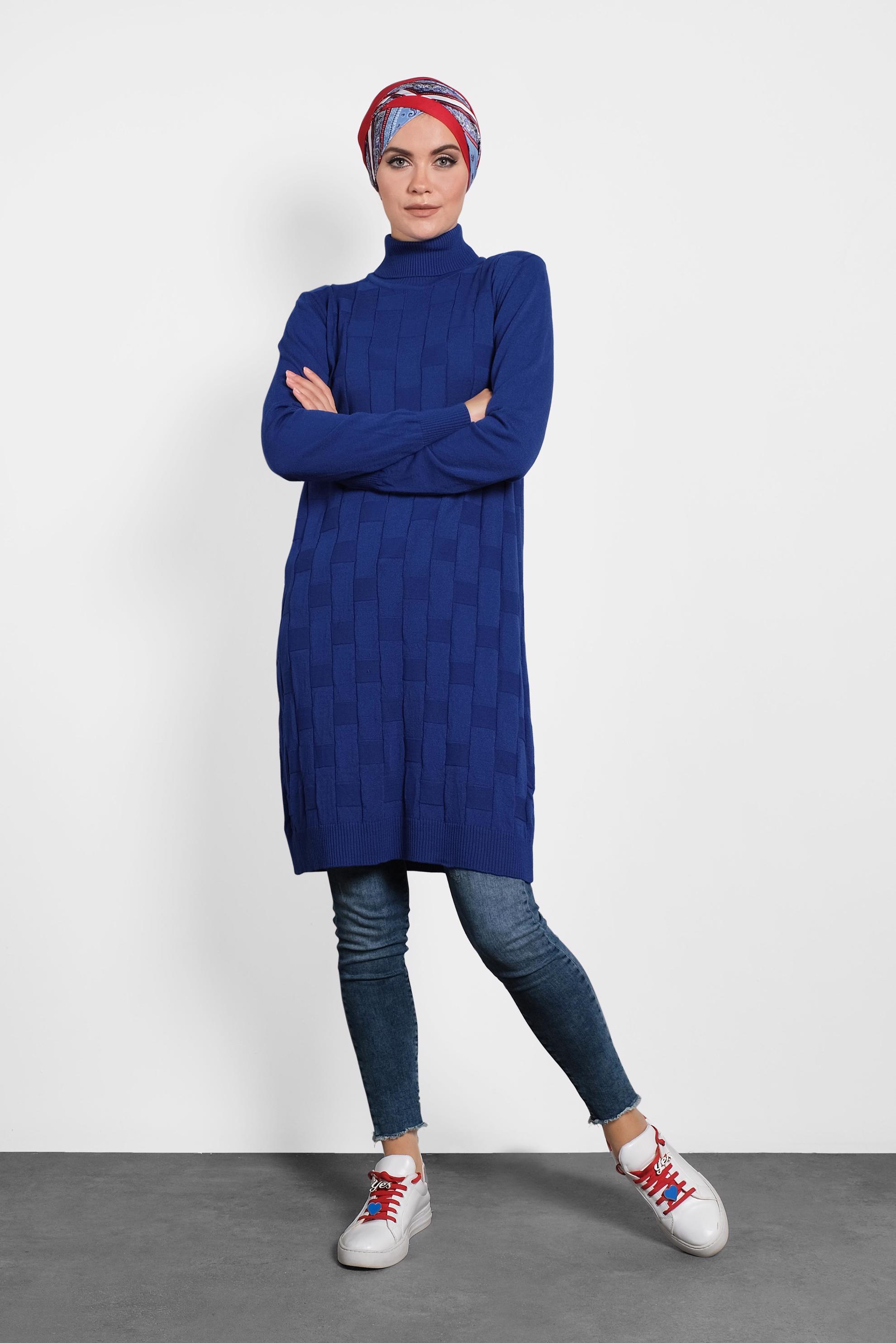 Tesettür giyim LACİVERT BALIKÇI YAKA İNCE TRİKO TUNİK 40074