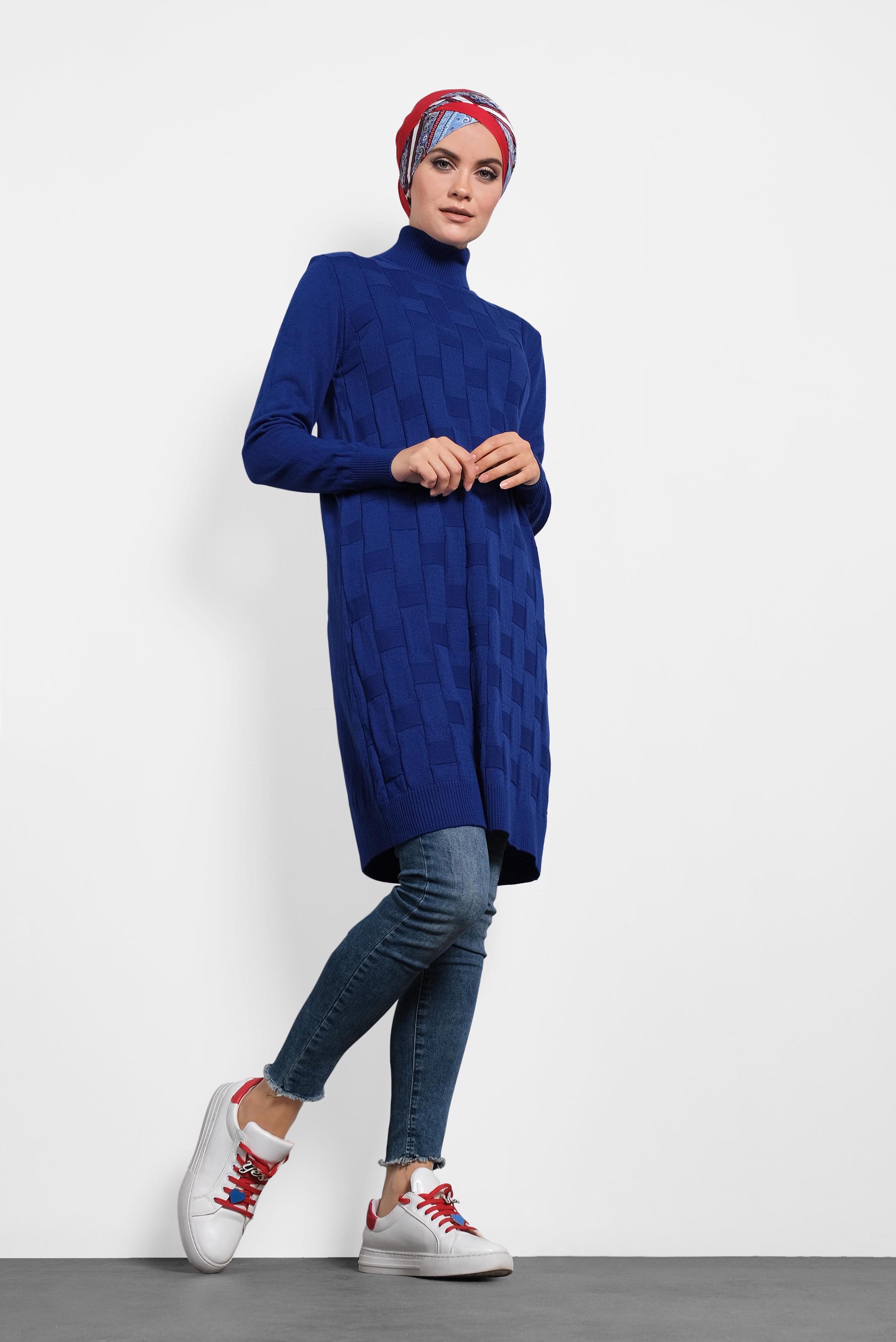 Tesettür giyim LACİVERT BALIKÇI YAKA İNCE TRİKO TUNİK 40074