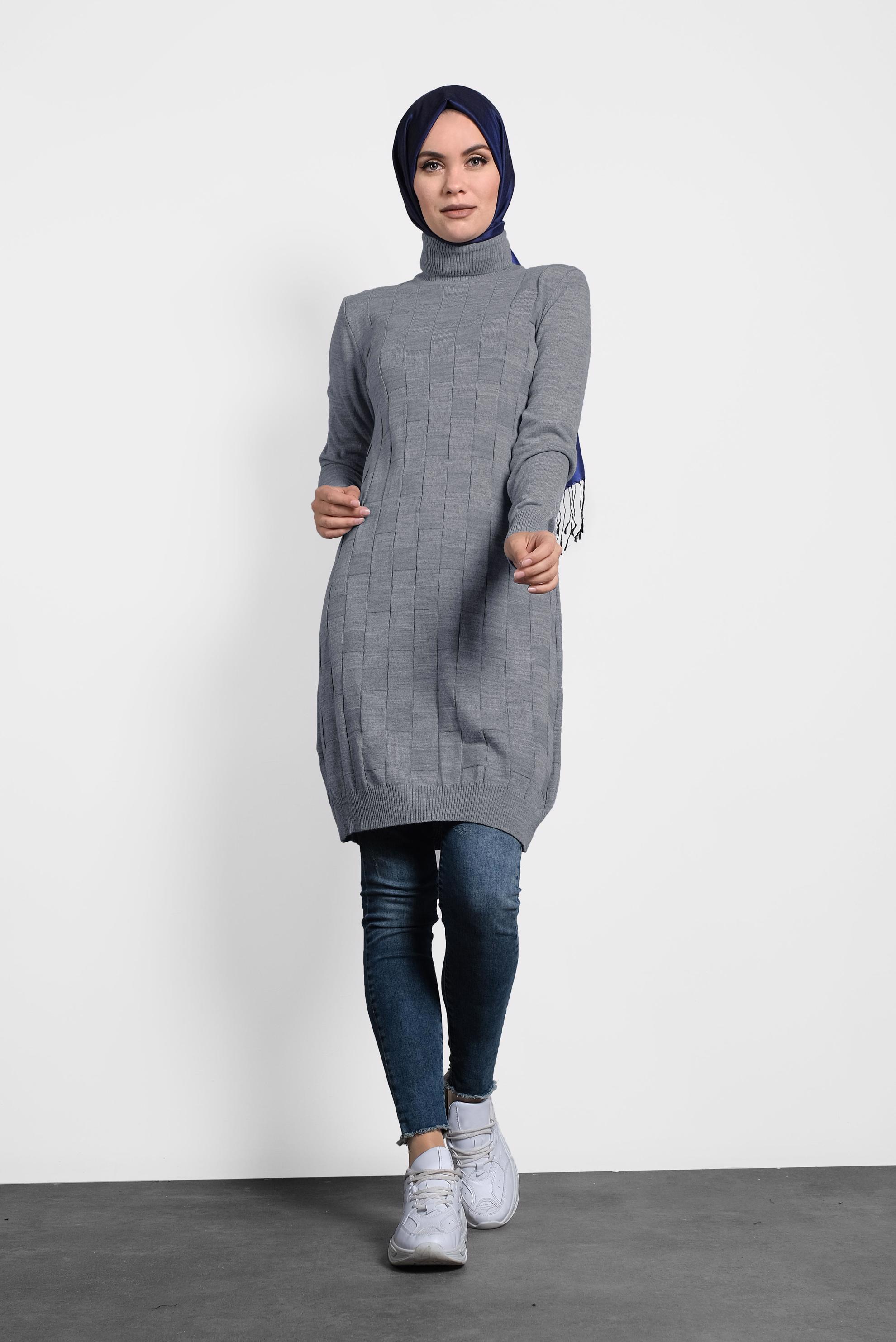 Tesettür giyim GRİ BALIKÇI YAKA İNCE TRİKO TUNİK 40074