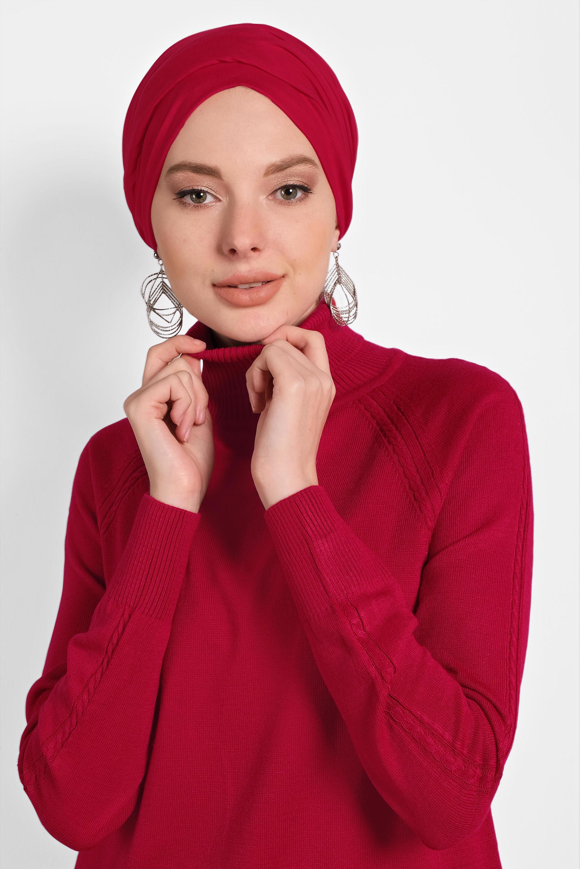 Tesettür giyim KIRMIZI BOĞAZLI TRİKO TUNİK 40076 