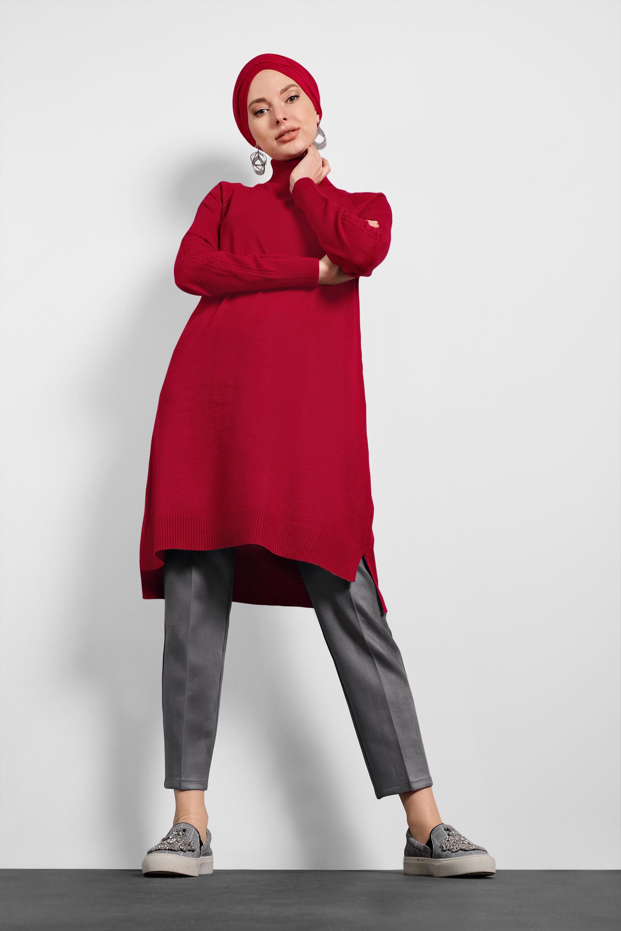 Tesettür giyim KIRMIZI BOĞAZLI TRİKO TUNİK 40076 