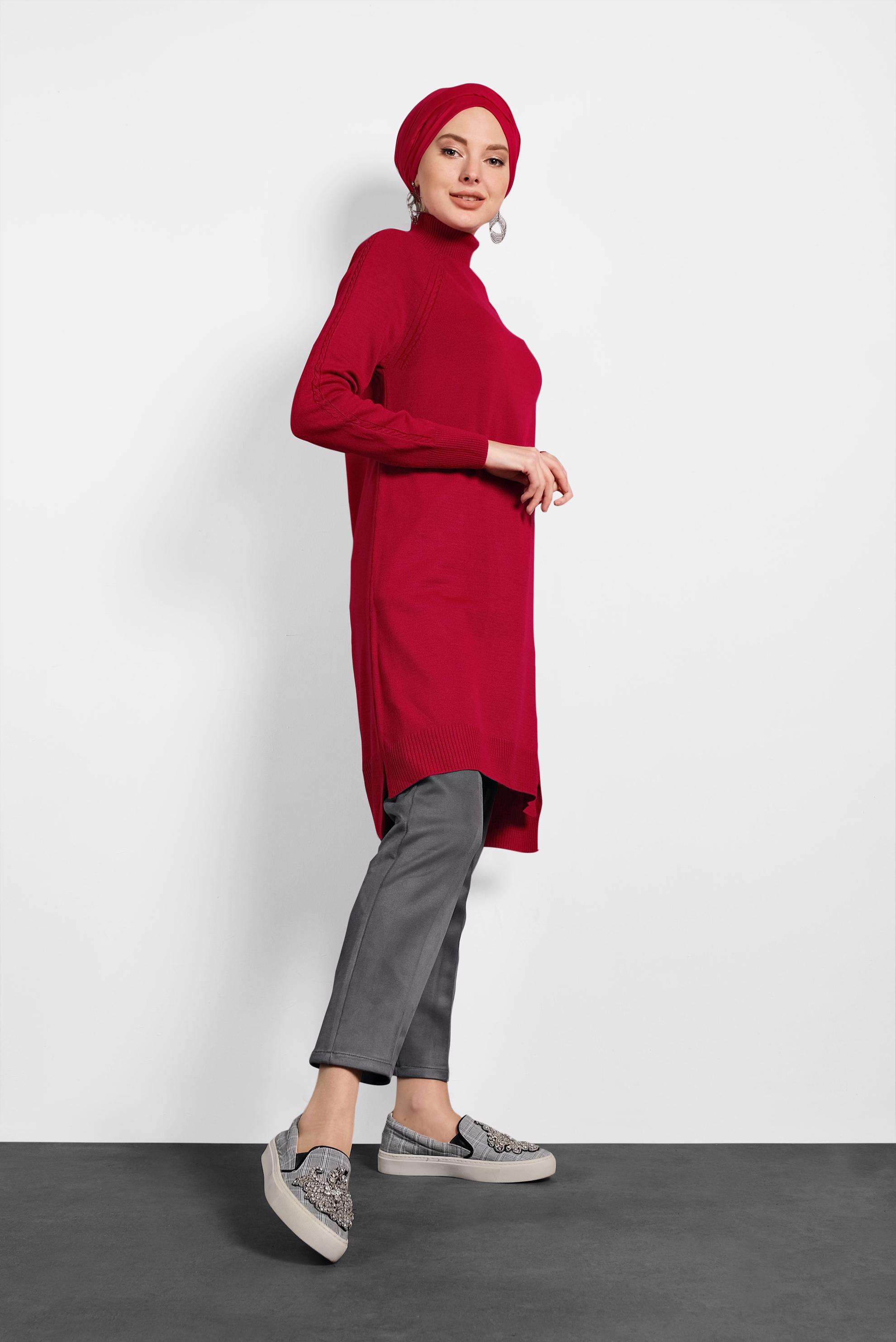 Tesettür giyim KIRMIZI BOĞAZLI TRİKO TUNİK 40076 