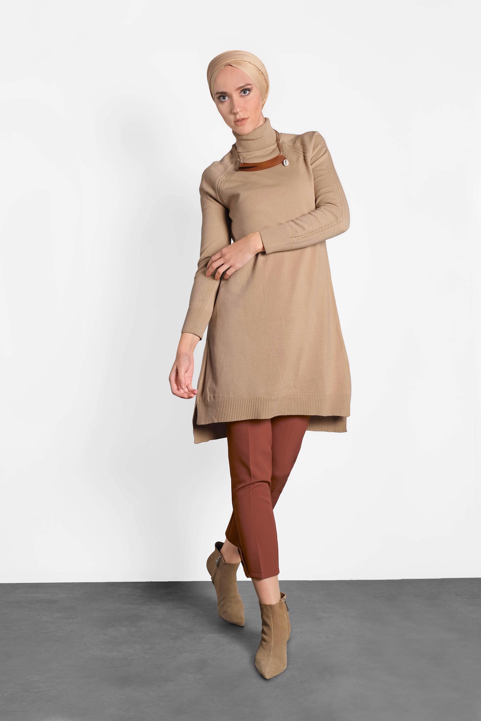 Tesettür giyim KAHVE BOĞAZLI TRİKO TUNİK 40076 