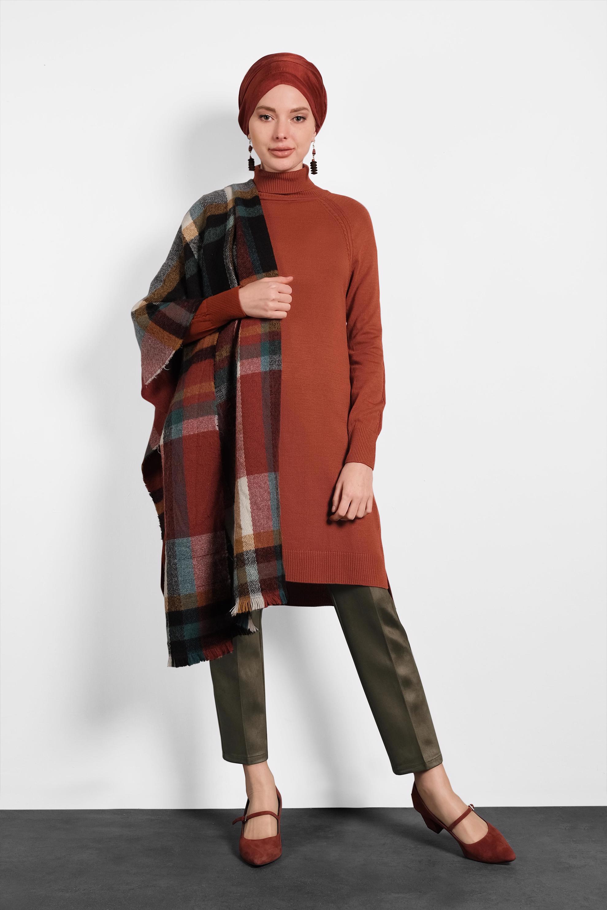 Tesettür giyim TURUNCU BOĞAZLI TRİKO TUNİK 40076 