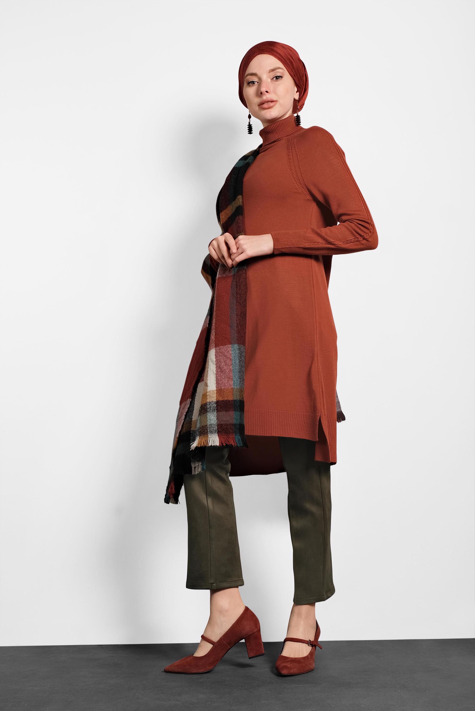 Tesettür giyim TURUNCU BOĞAZLI TRİKO TUNİK 40076 