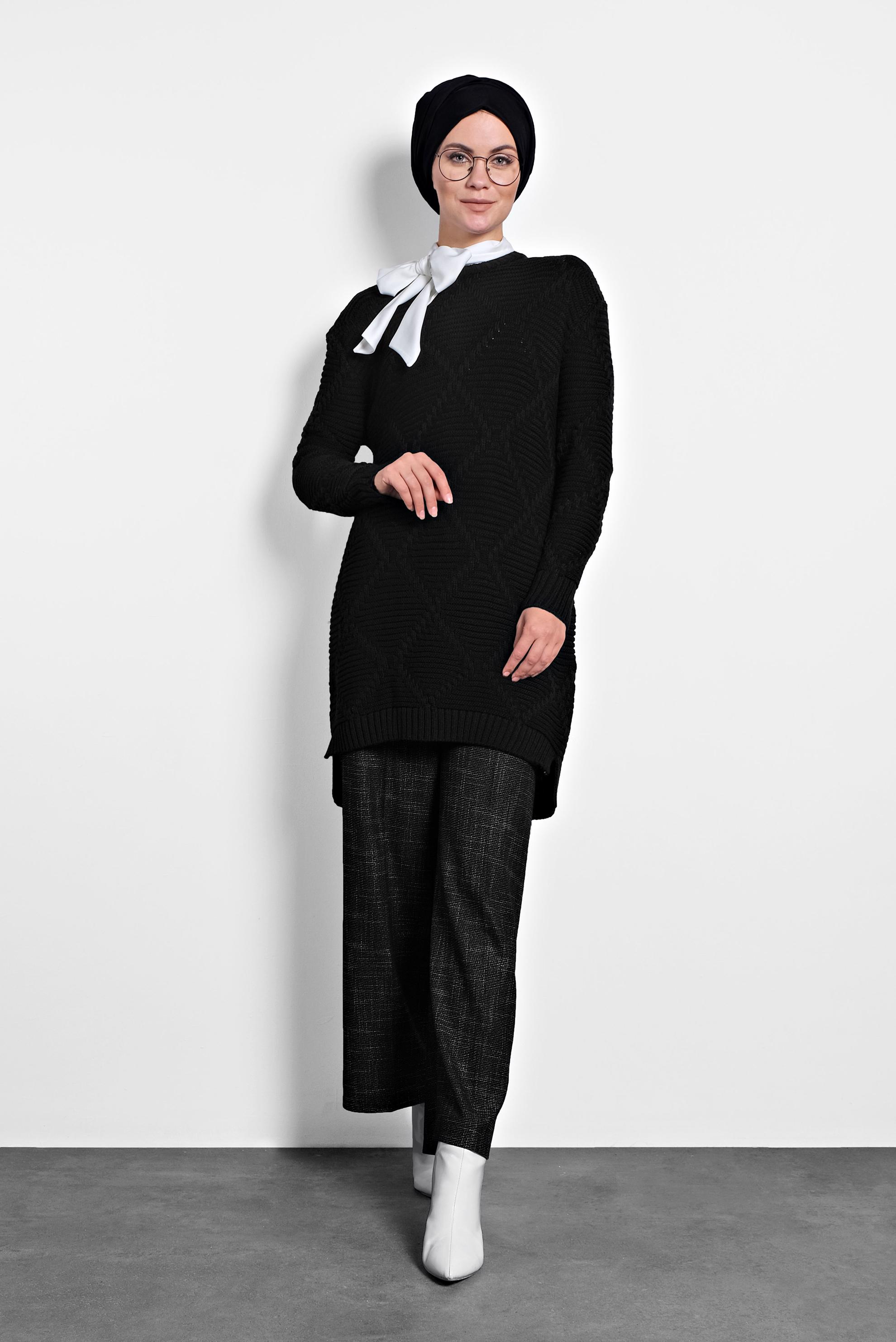 Tesettür giyim SİYAH ÖRGÜ DESENLİ TRİKO TUNİK 40079 