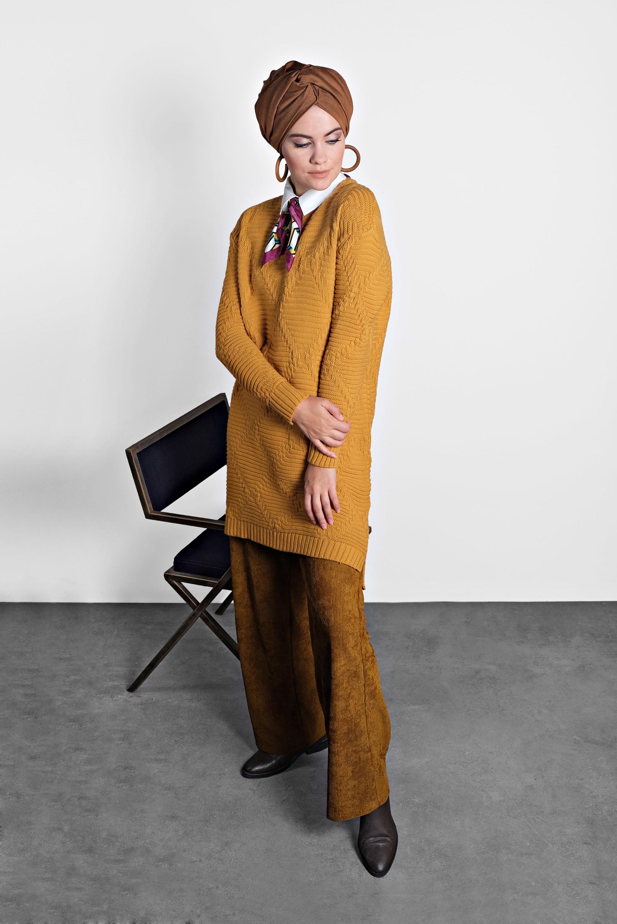 Tesettür giyim SARI ÖRGÜ DESENLİ TRİKO TUNİK 40079 