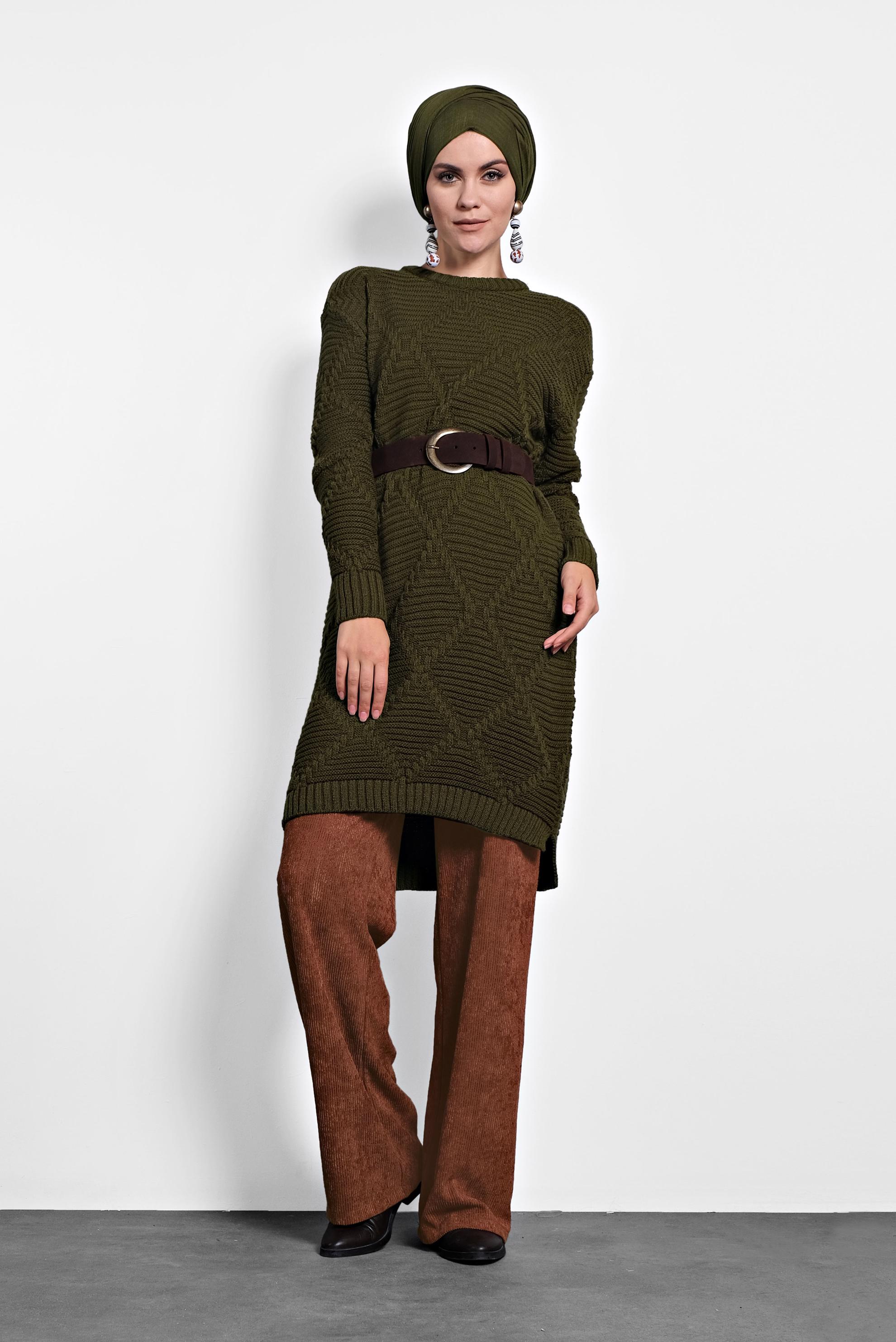 Tesettür giyim HAKİ ÖRGÜ DESENLİ TRİKO TUNİK 40079 