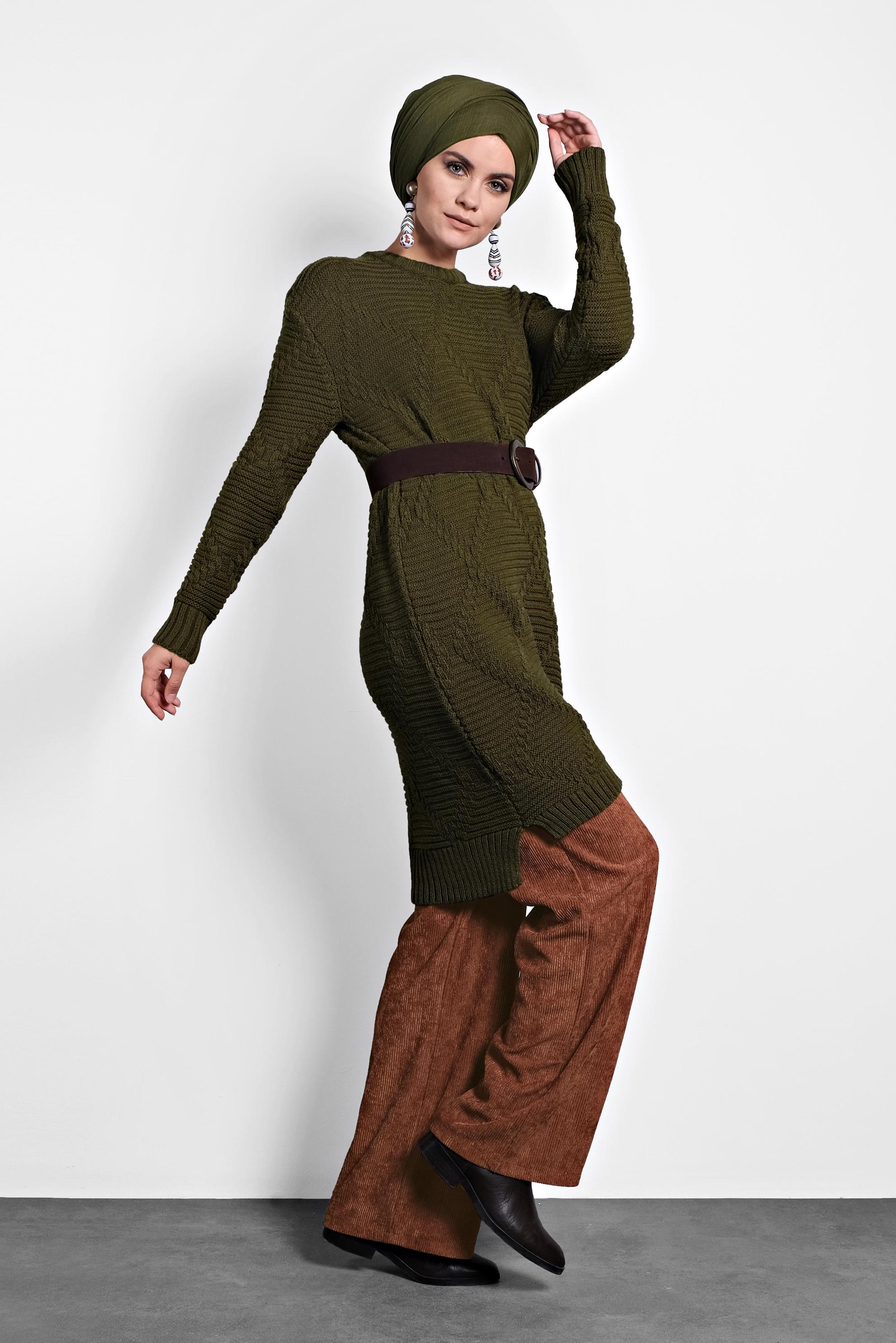 Tesettür giyim HAKİ ÖRGÜ DESENLİ TRİKO TUNİK 40079 