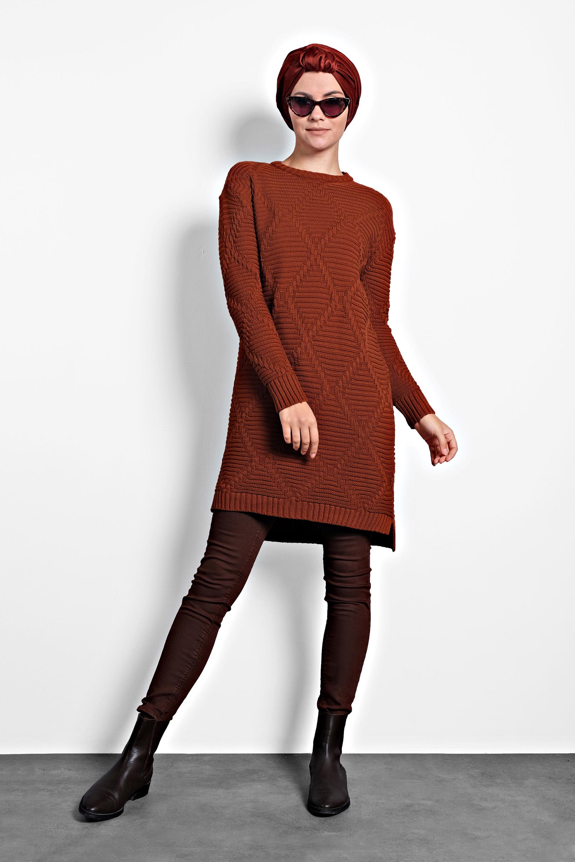 Tesettür giyim TURUNCU ÖRGÜ DESENLİ TRİKO TUNİK 40079 