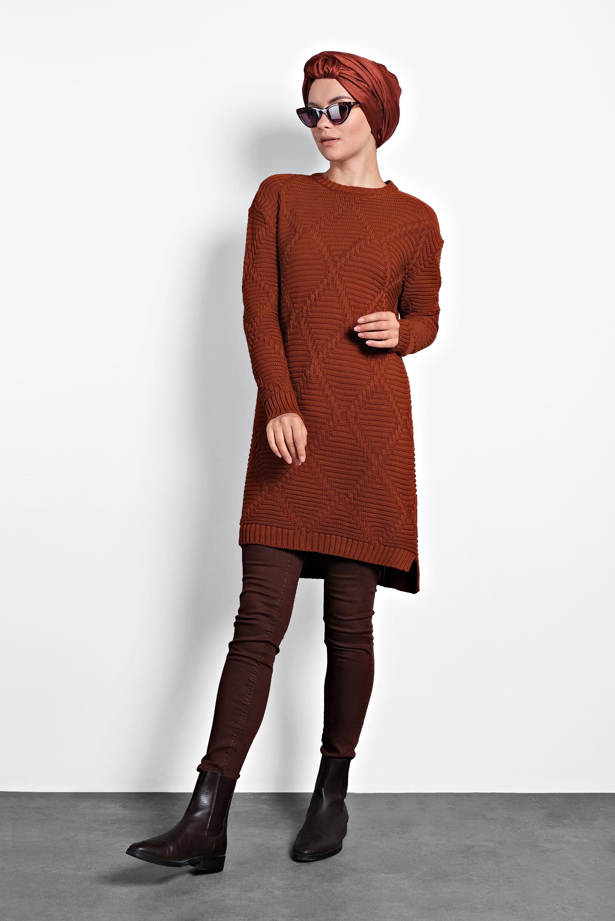 Tesettür giyim TURUNCU ÖRGÜ DESENLİ TRİKO TUNİK 40079 