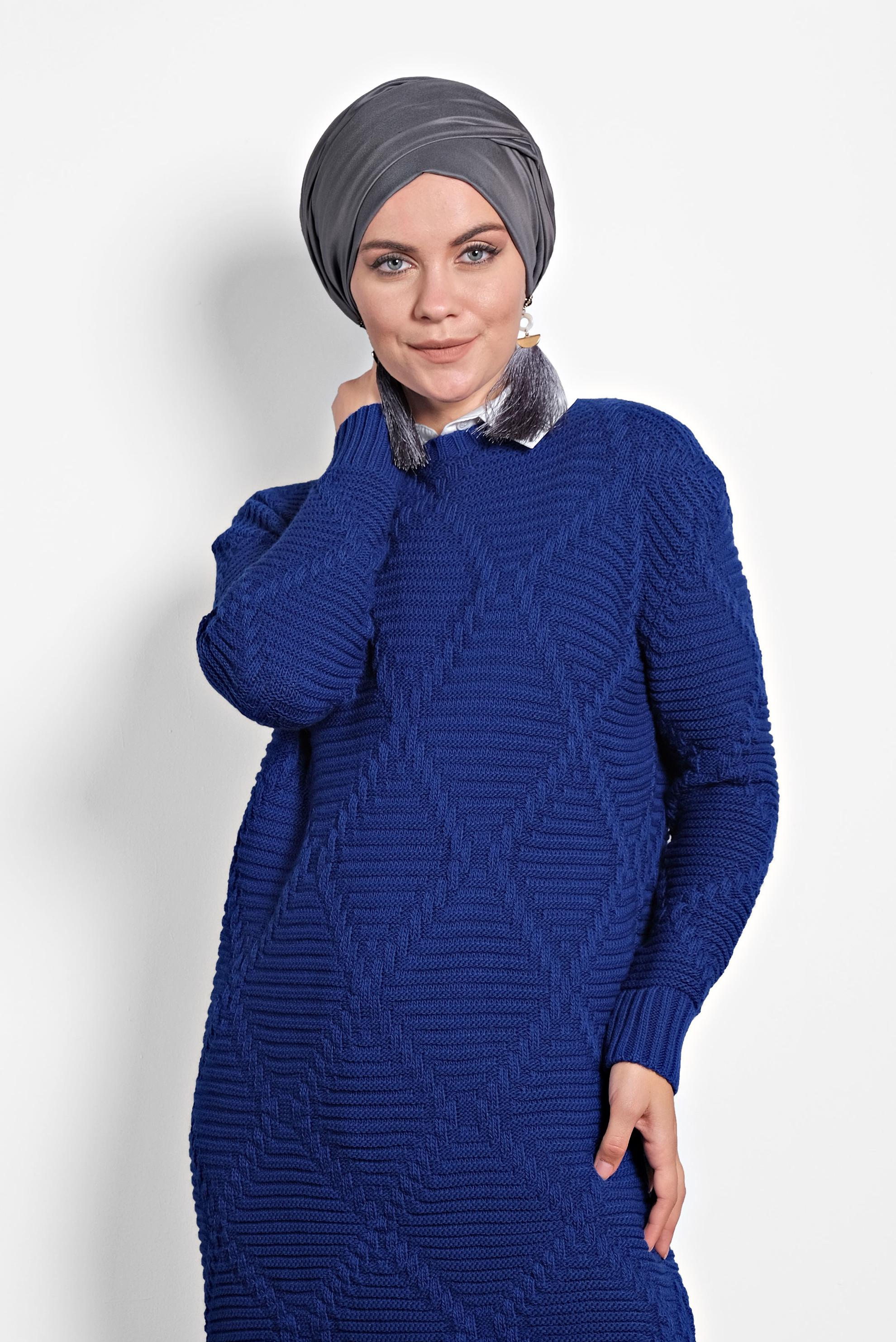 Tesettür giyim LACİVERT ÖRGÜ DESENLİ TRİKO TUNİK 40079 