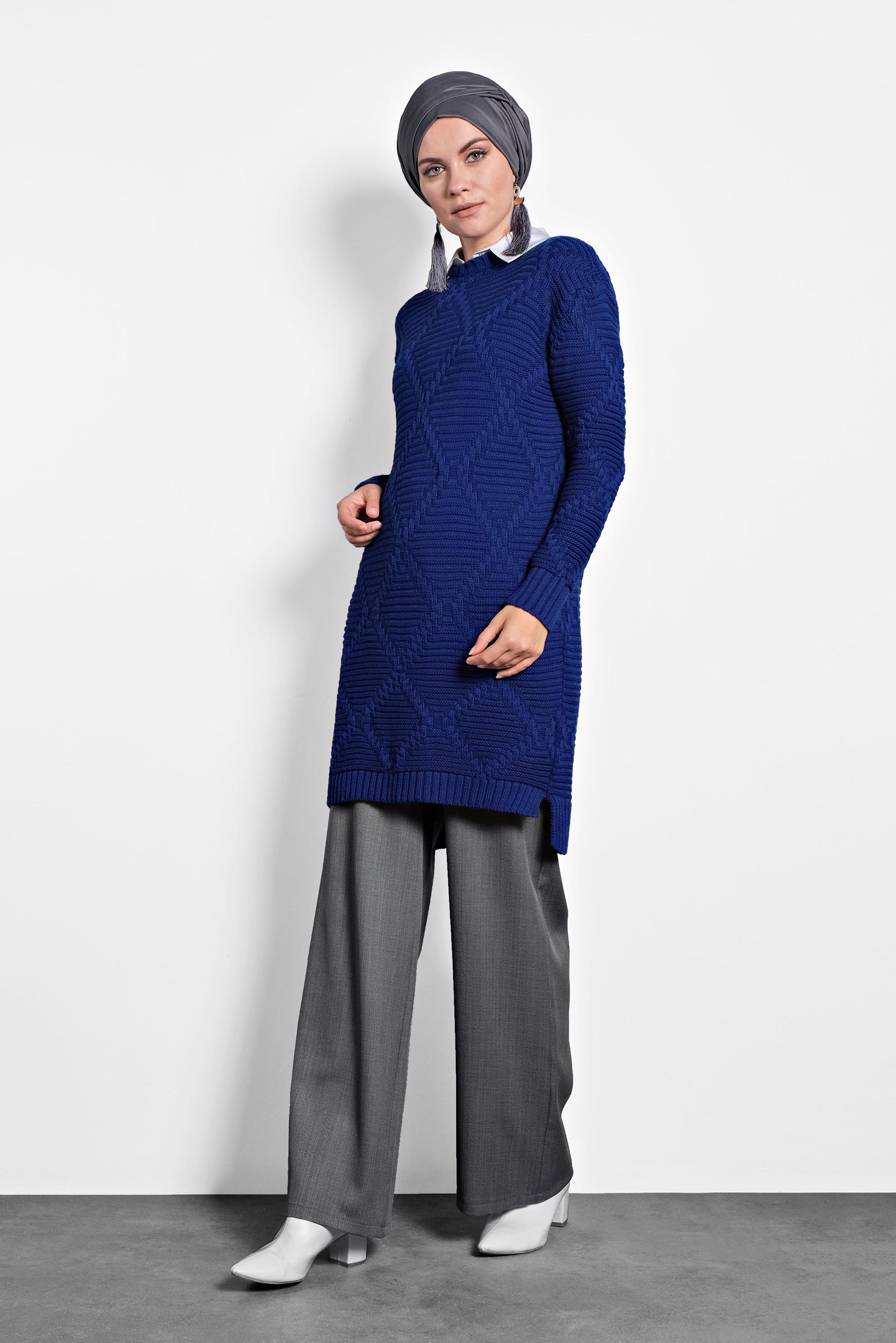 Tesettür giyim LACİVERT ÖRGÜ DESENLİ TRİKO TUNİK 40079 