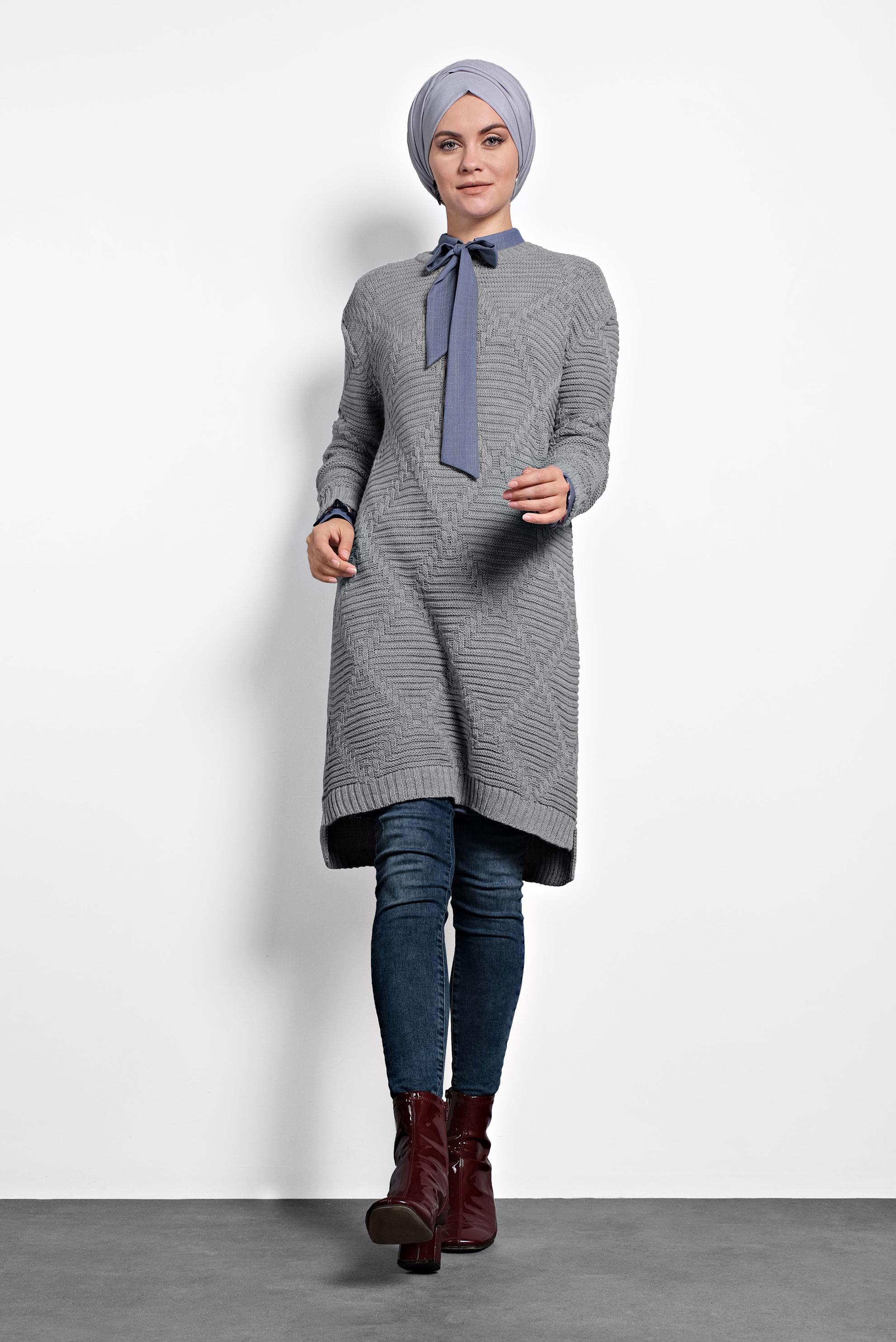 Tesettür giyim GRİ ÖRGÜ DESENLİ TRİKO TUNİK 40079 