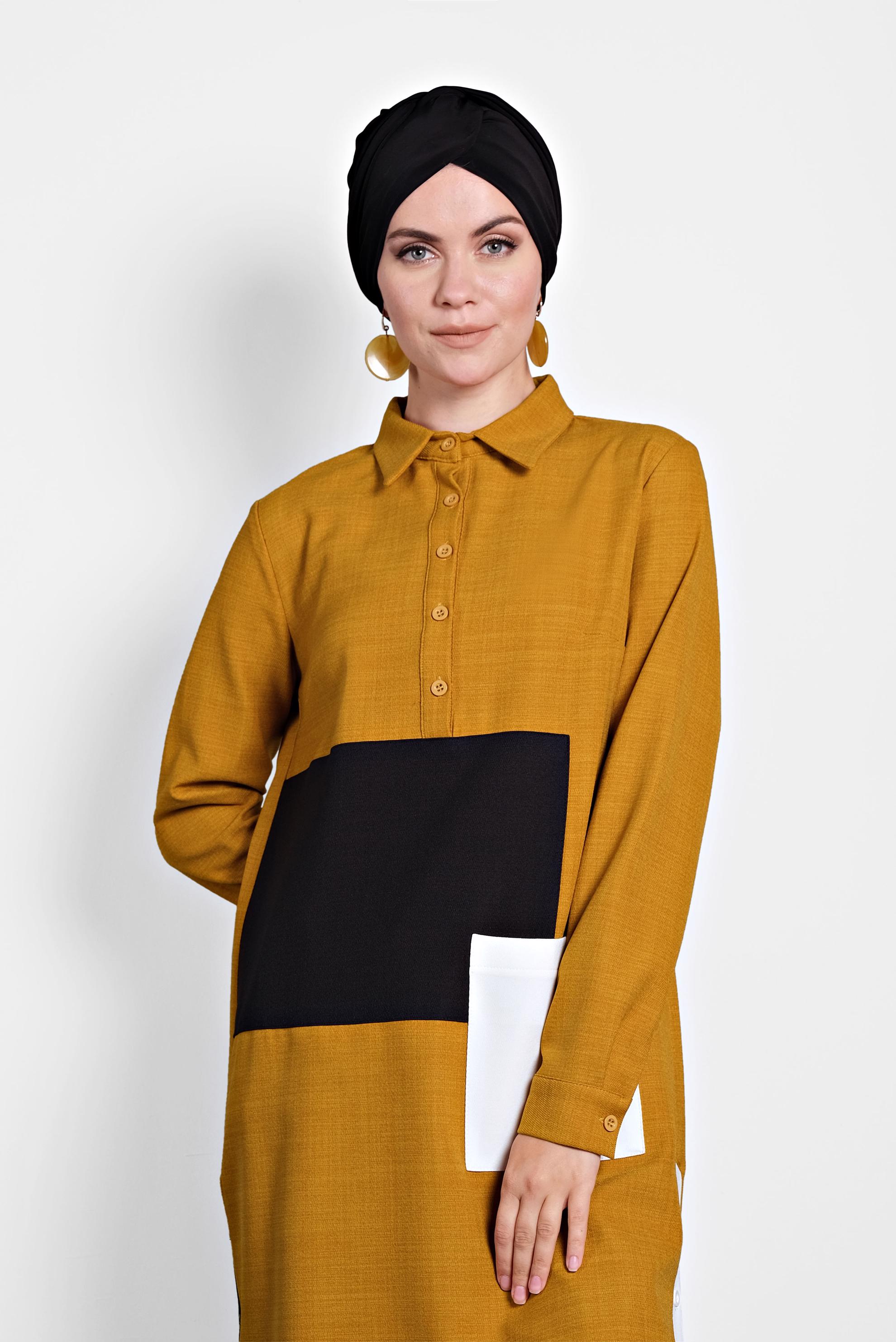 Tesettür giyim SARI DÜĞMELİ CEPLİ TUNİK 40109 
