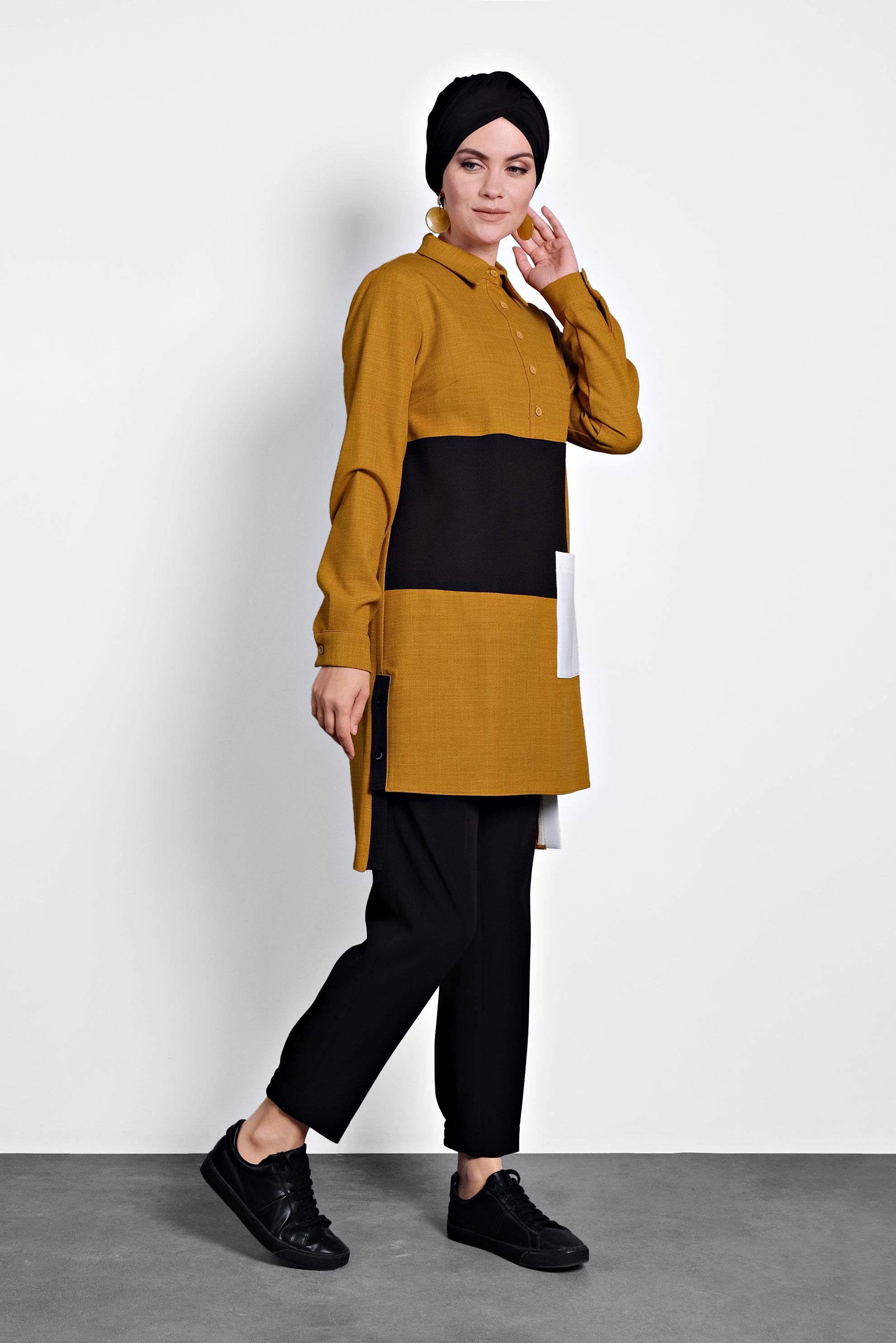 Tesettür giyim SARI DÜĞMELİ CEPLİ TUNİK 40109 