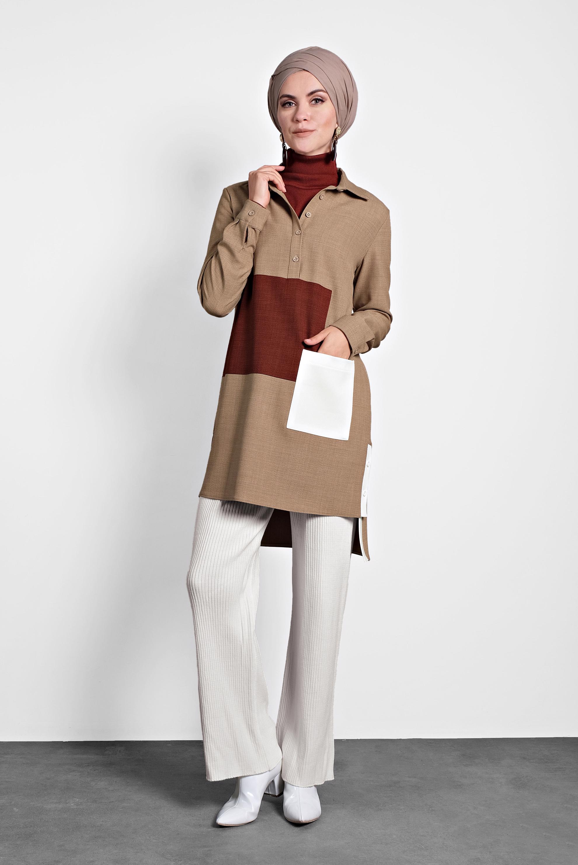 Tesettür giyim KAHVE DÜĞMELİ CEPLİ TUNİK 40109 