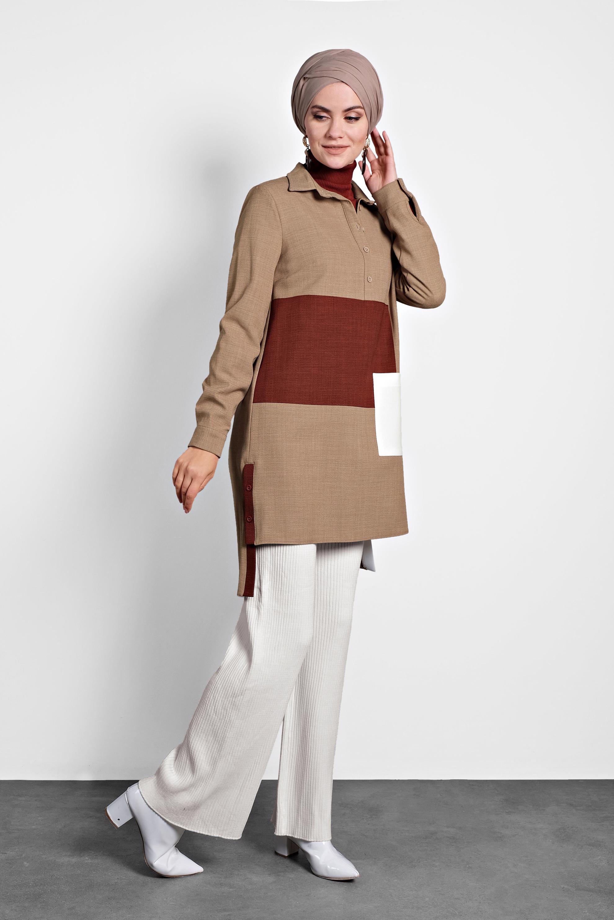 Tesettür giyim KAHVE DÜĞMELİ CEPLİ TUNİK 40109 