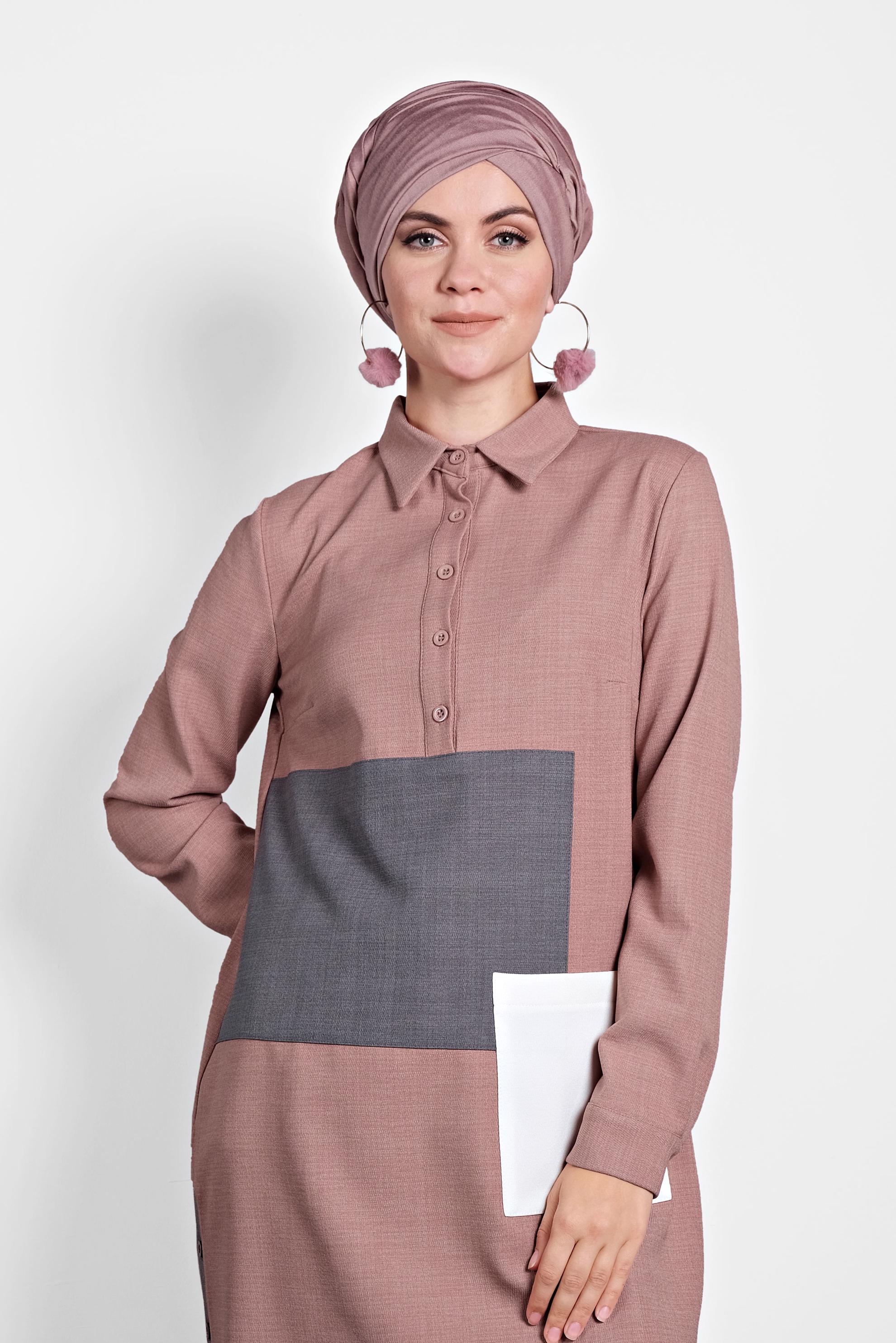 Tesettür giyim PUDRA DÜĞMELİ CEPLİ TUNİK 40109 