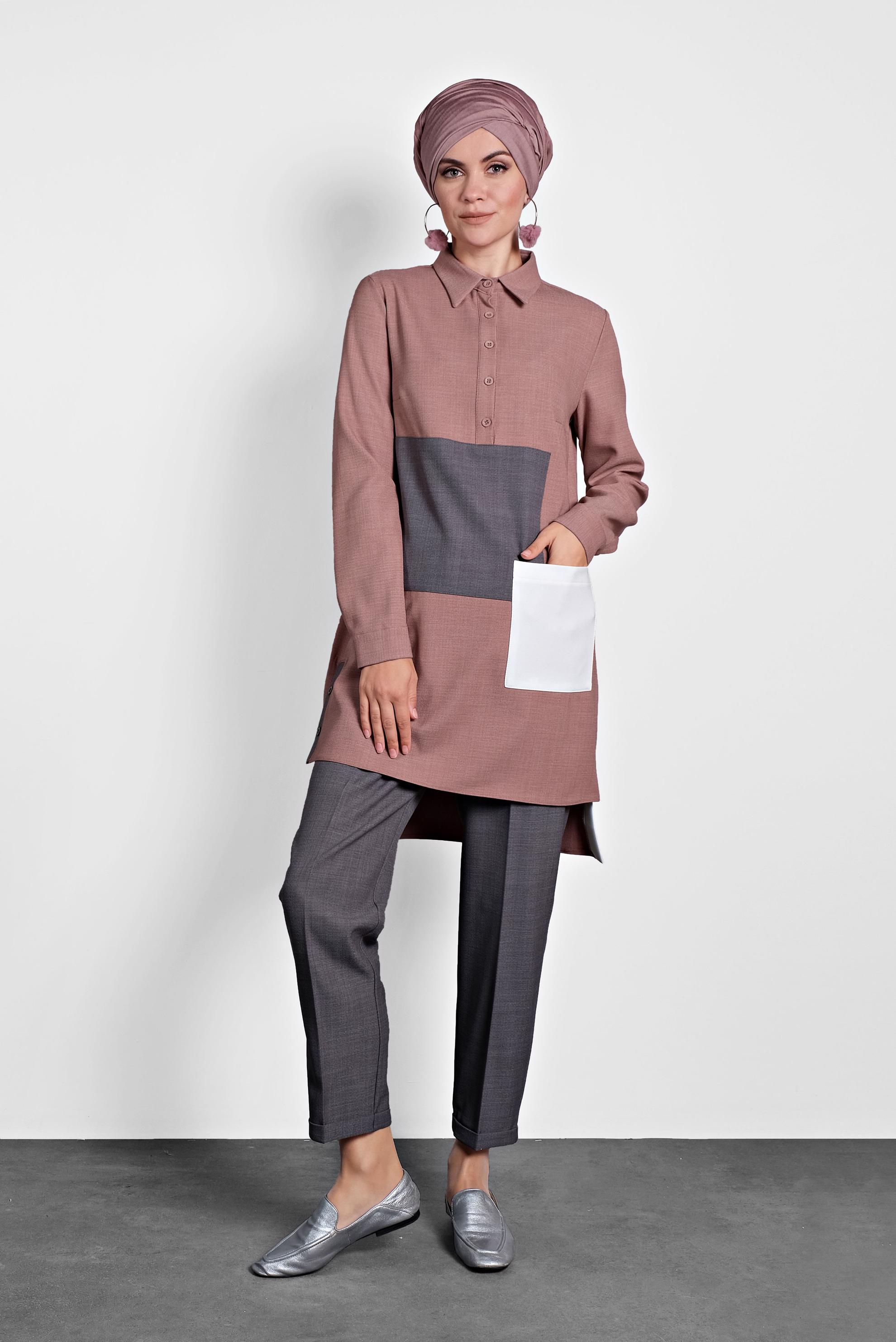 Tesettür giyim PUDRA DÜĞMELİ CEPLİ TUNİK 40109 