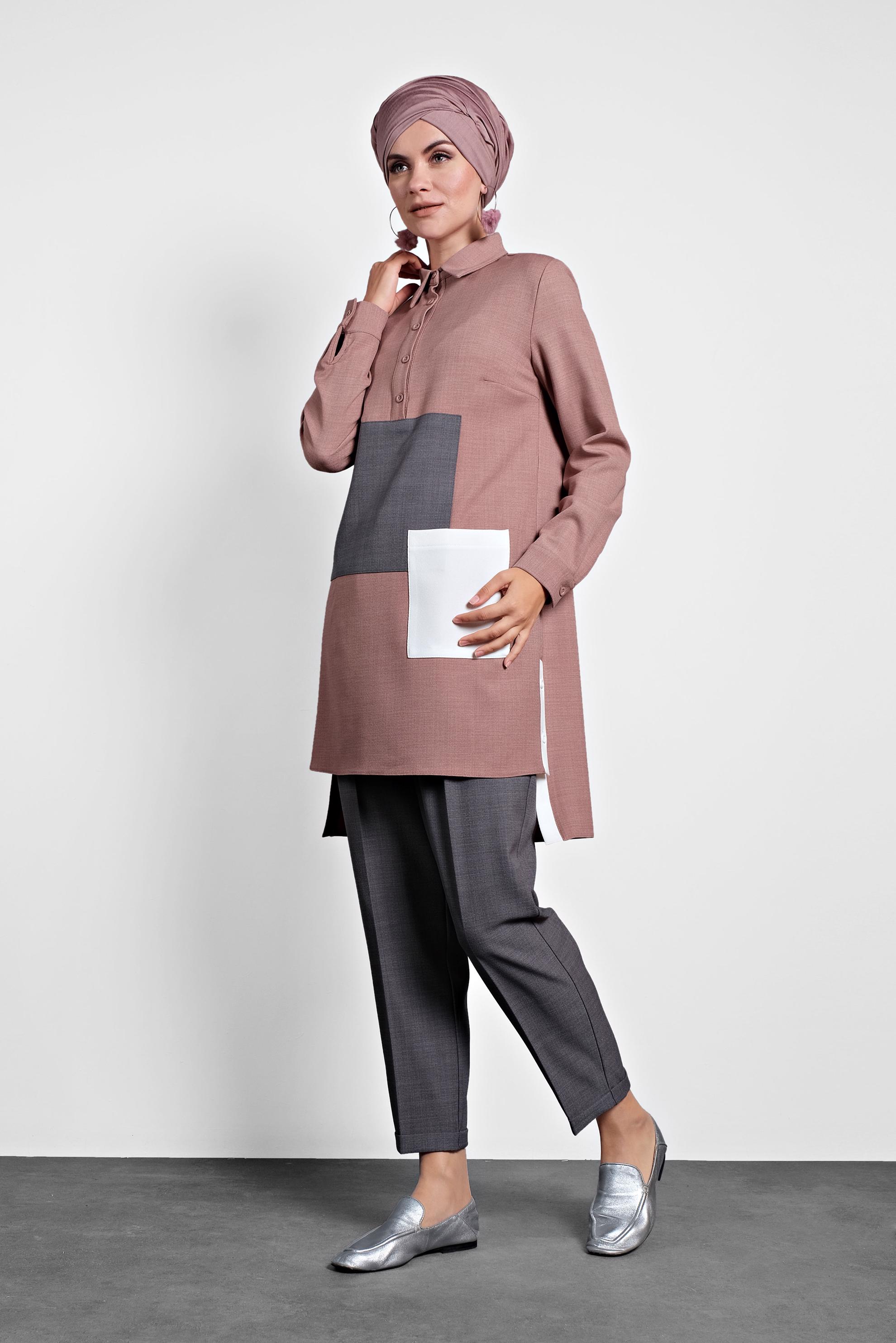 Tesettür giyim PUDRA DÜĞMELİ CEPLİ TUNİK 40109 