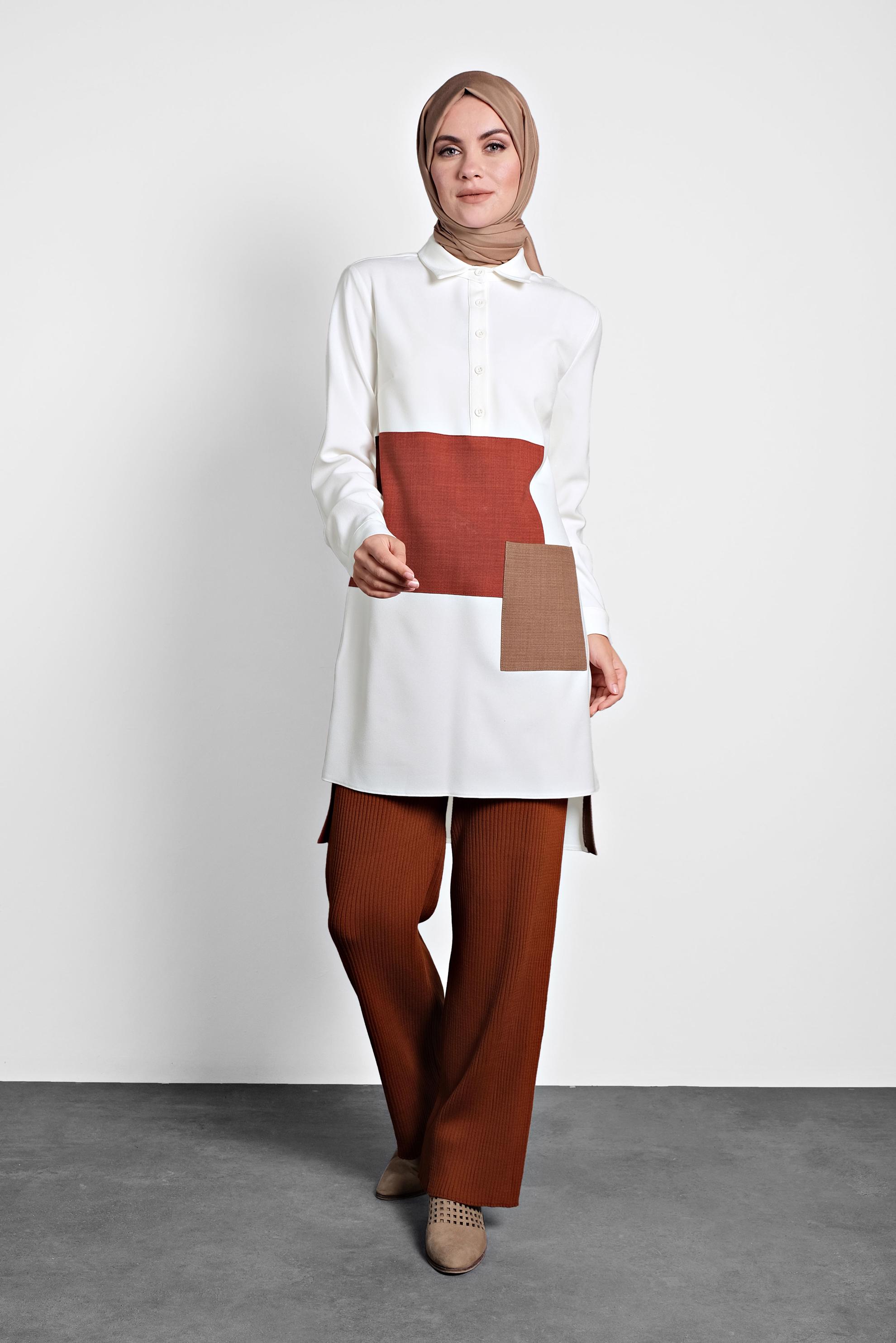 Tesettür giyim BEJ DÜĞMELİ CEPLİ TUNİK 40109 