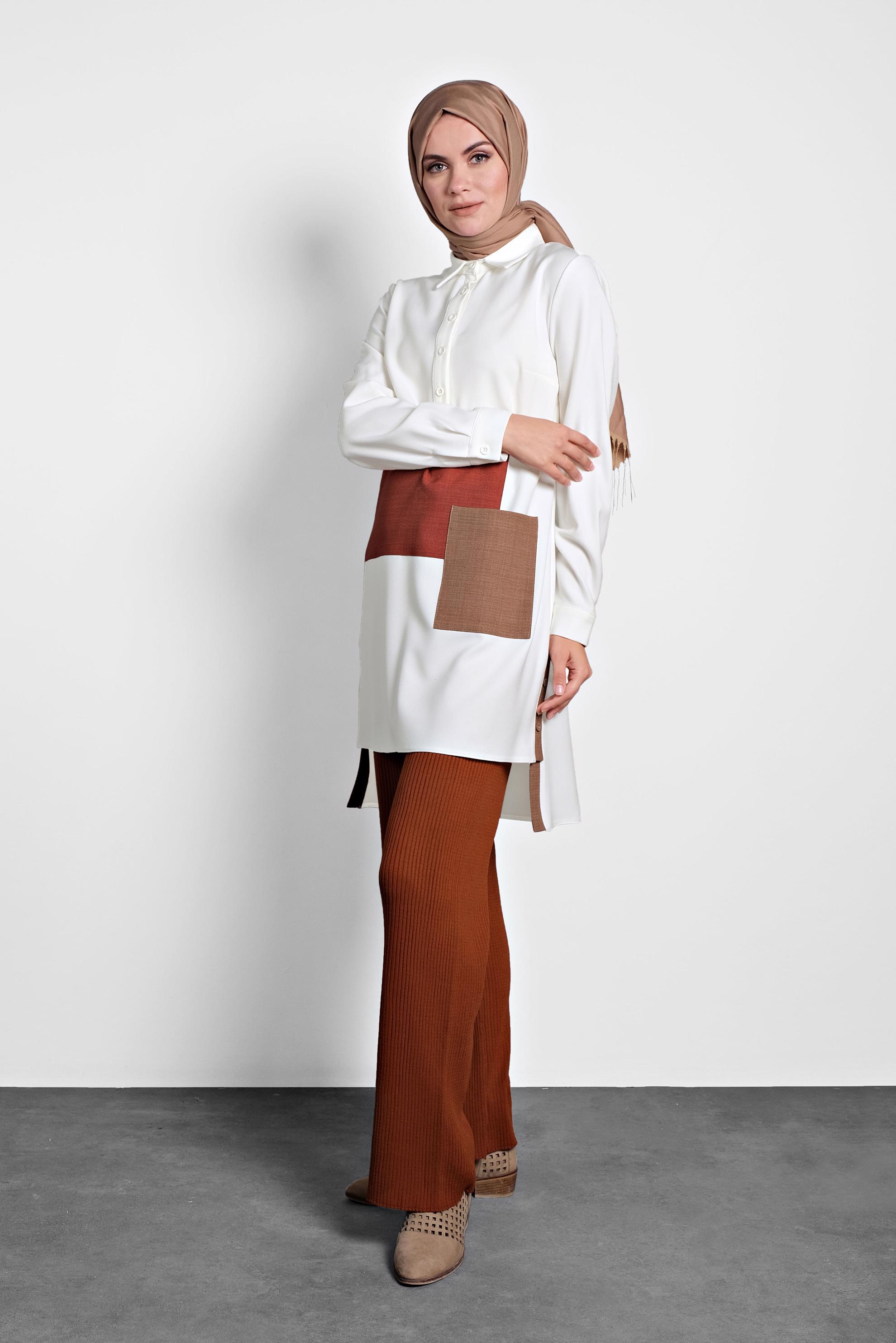 Tesettür giyim BEJ DÜĞMELİ CEPLİ TUNİK 40109 