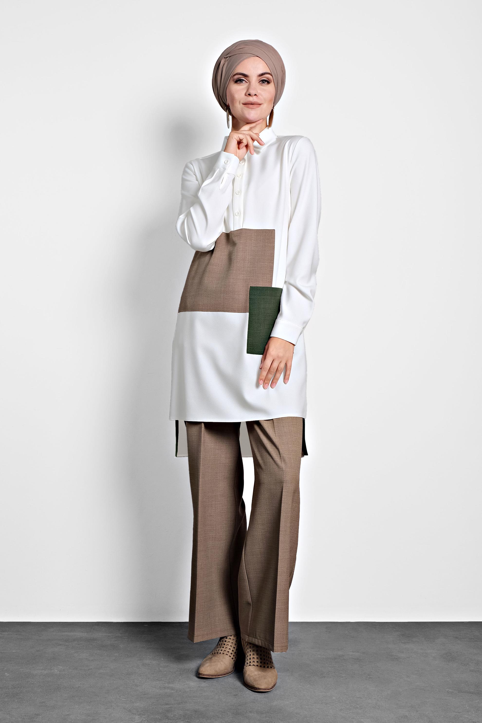 Tesettür giyim BEJ DÜĞMELİ CEPLİ TUNİK 40109 