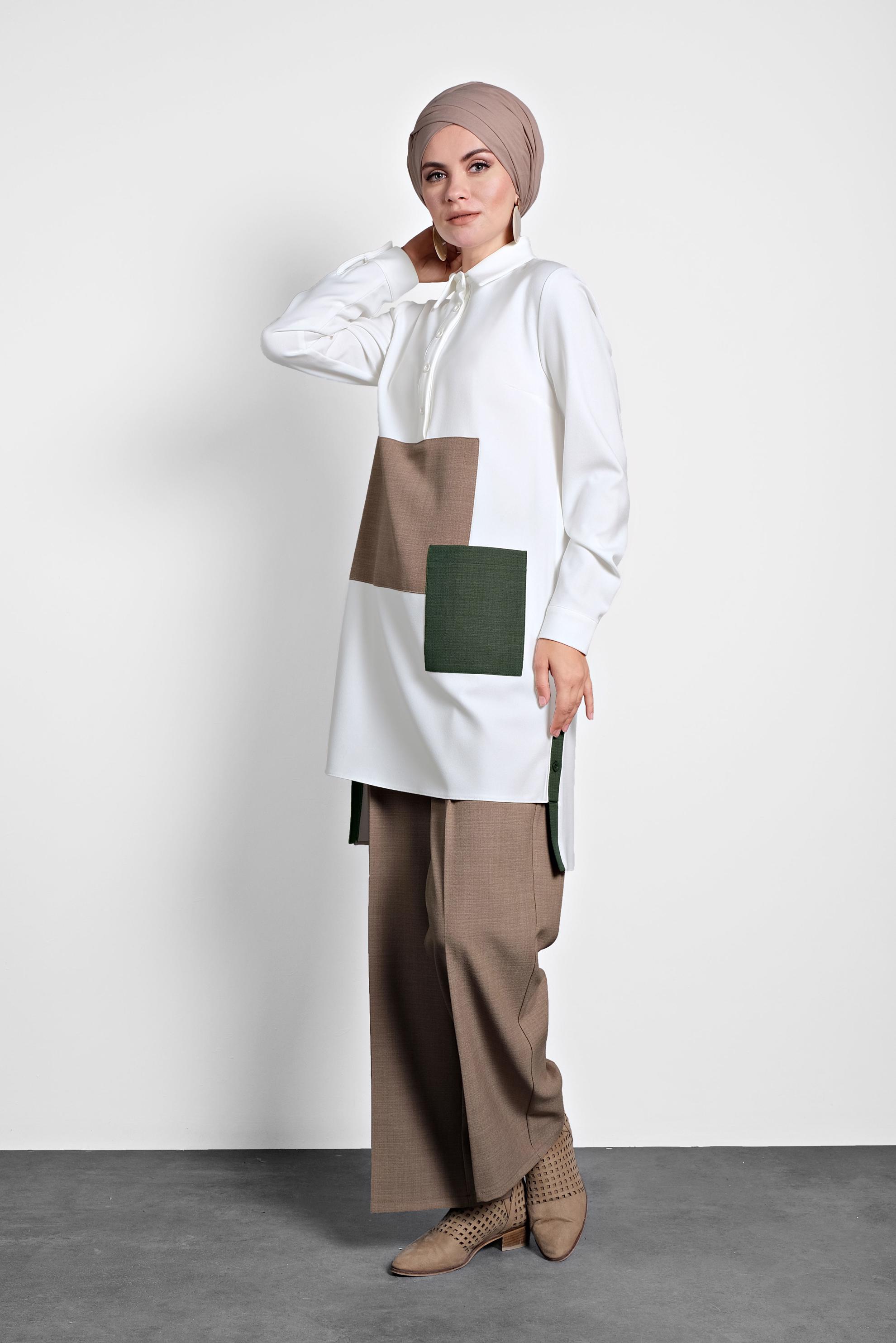 Tesettür giyim BEJ DÜĞMELİ CEPLİ TUNİK 40109 