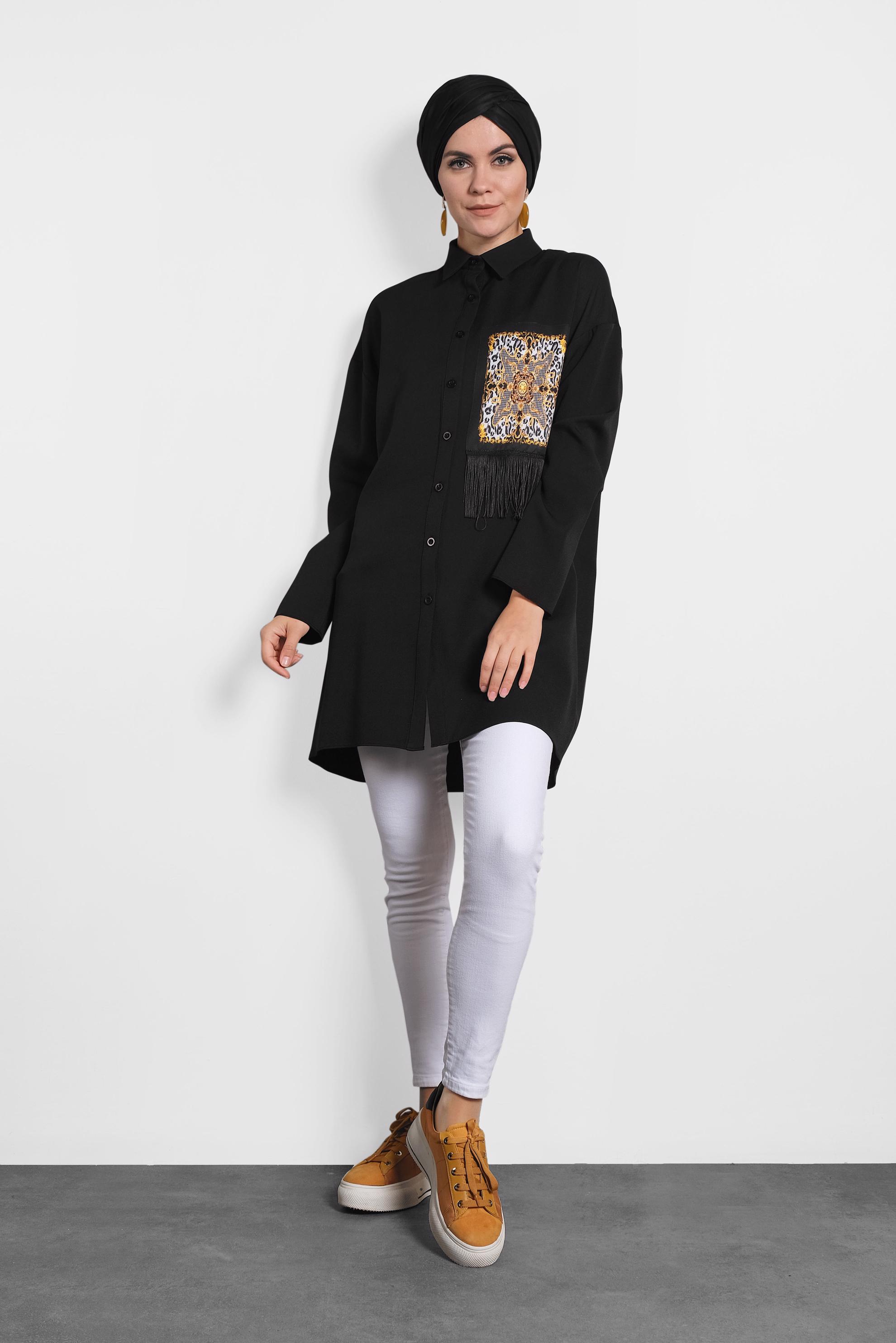 Tesettür giyim SİYAH PÜSKÜLLÜ DÜĞMELİ TUNİK 40112 