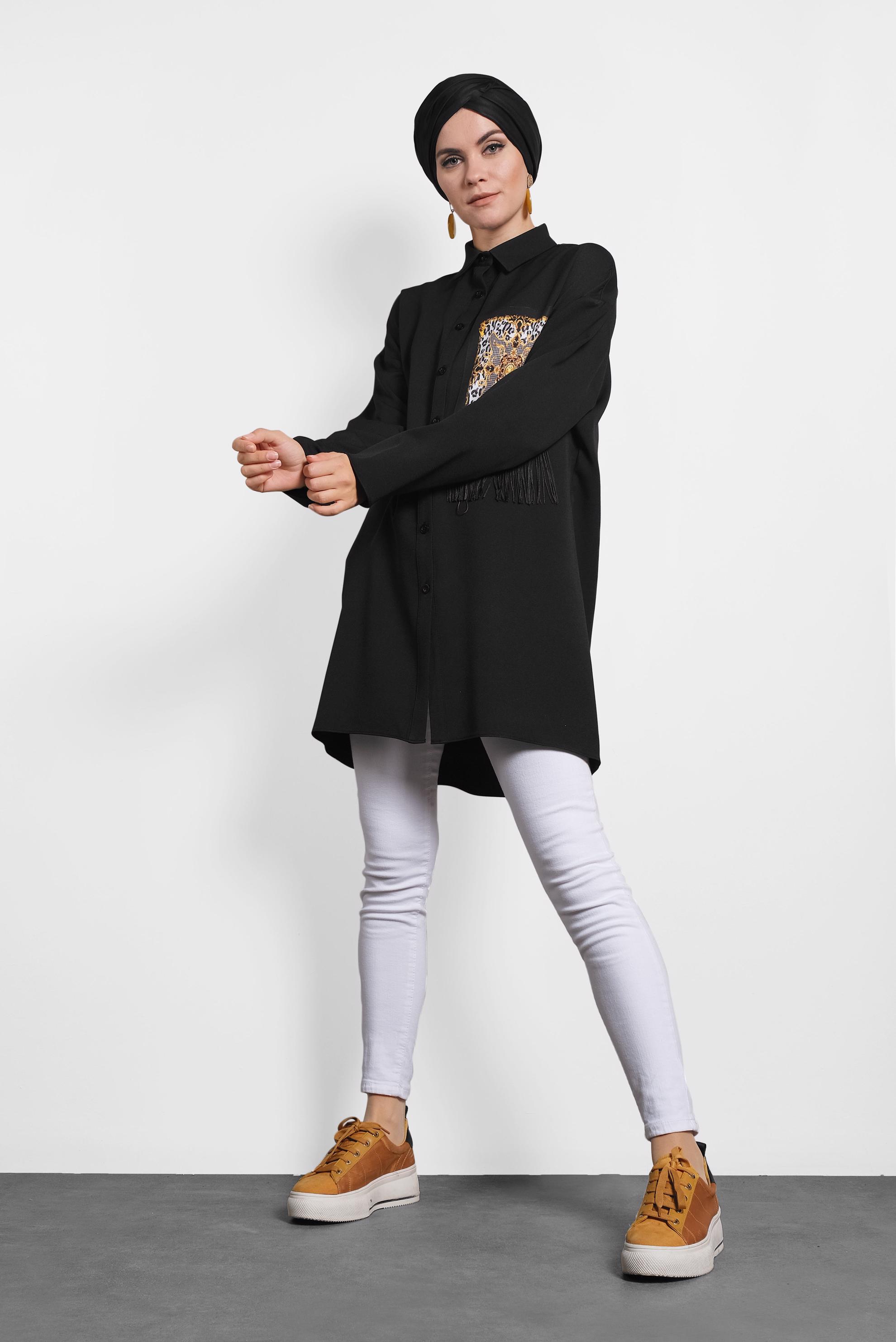 Tesettür giyim SİYAH PÜSKÜLLÜ DÜĞMELİ TUNİK 40112 