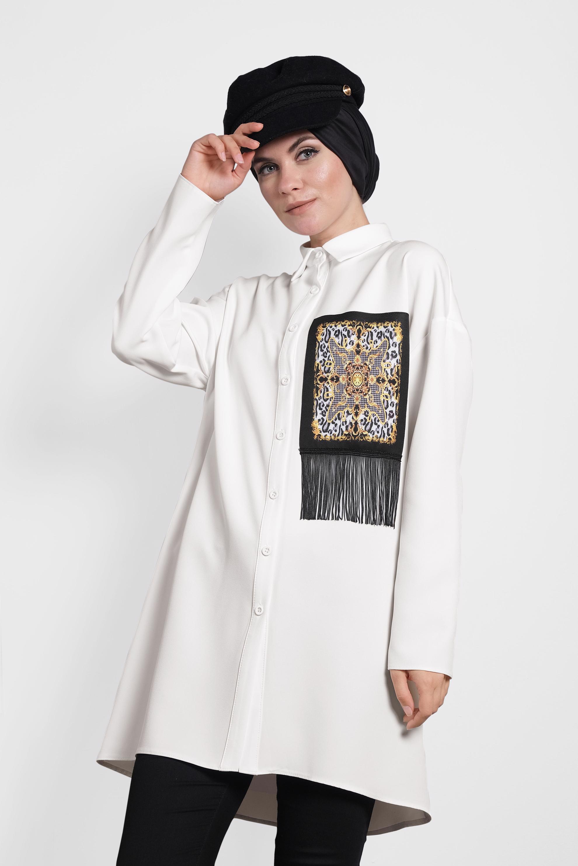 Tesettür giyim BEYAZ PÜSKÜLLÜ DÜĞMELİ TUNİK 40112 