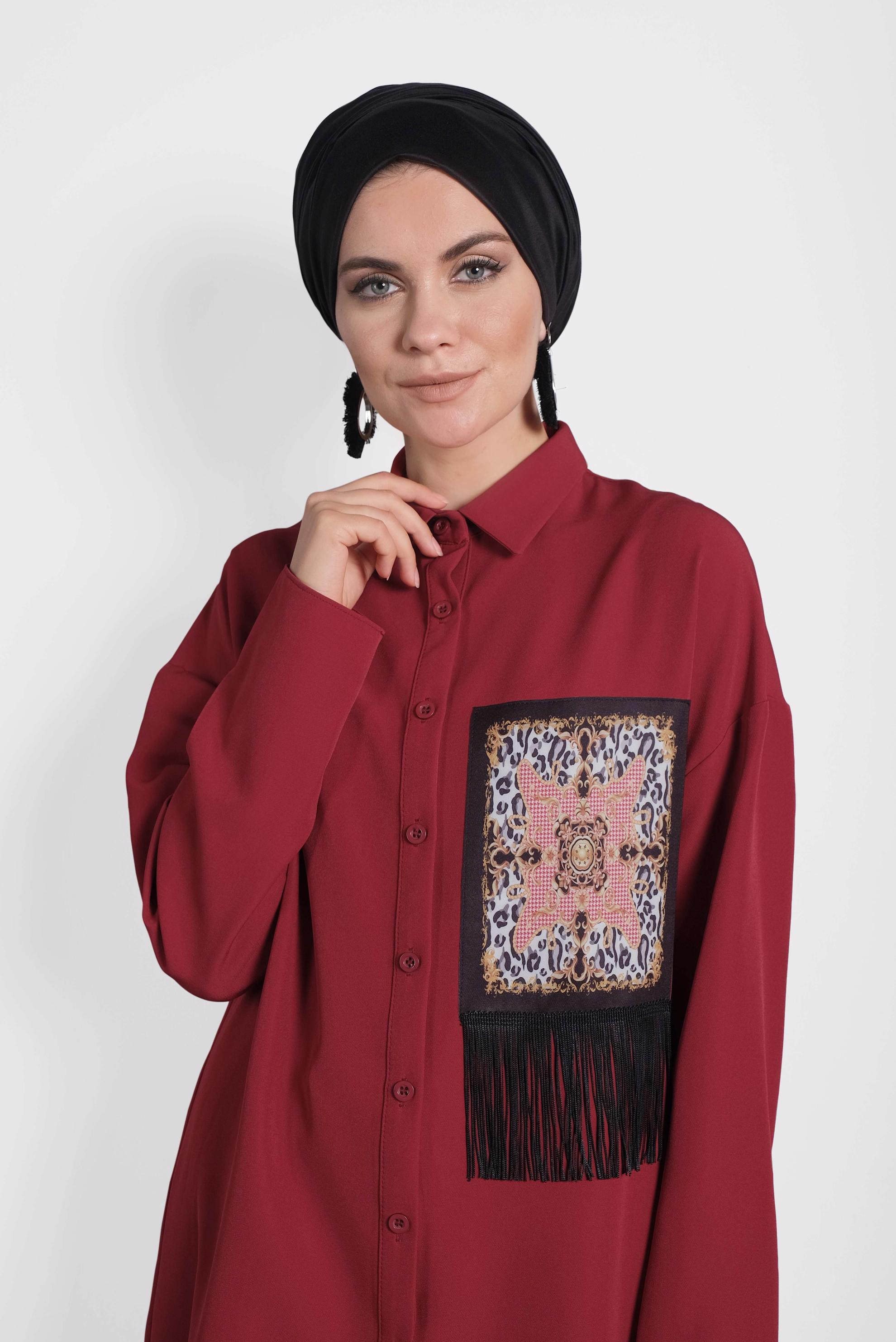 Tesettür giyim KIRMIZI PÜSKÜLLÜ DÜĞMELİ TUNİK 40112 