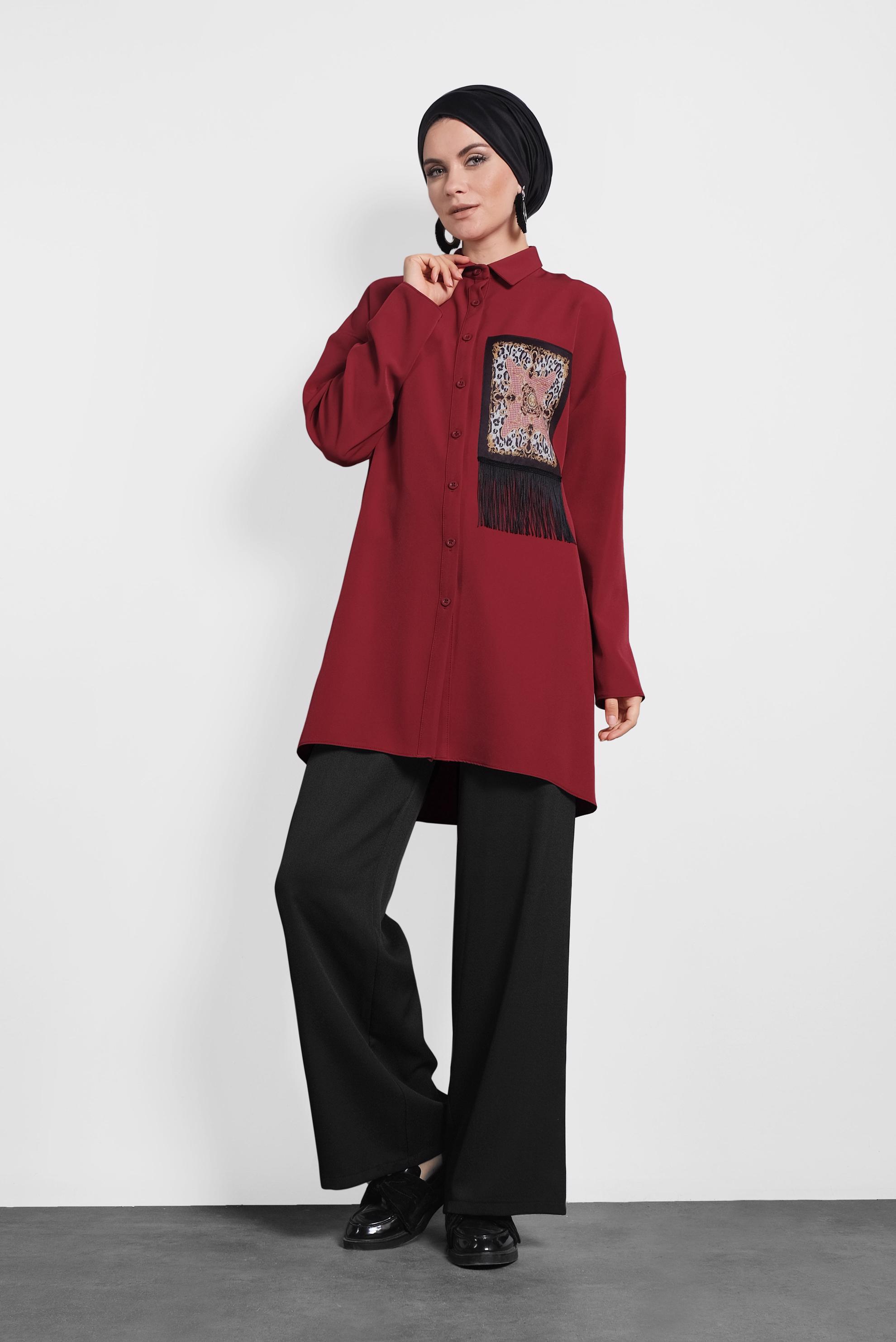 Tesettür giyim KIRMIZI PÜSKÜLLÜ DÜĞMELİ TUNİK 40112 