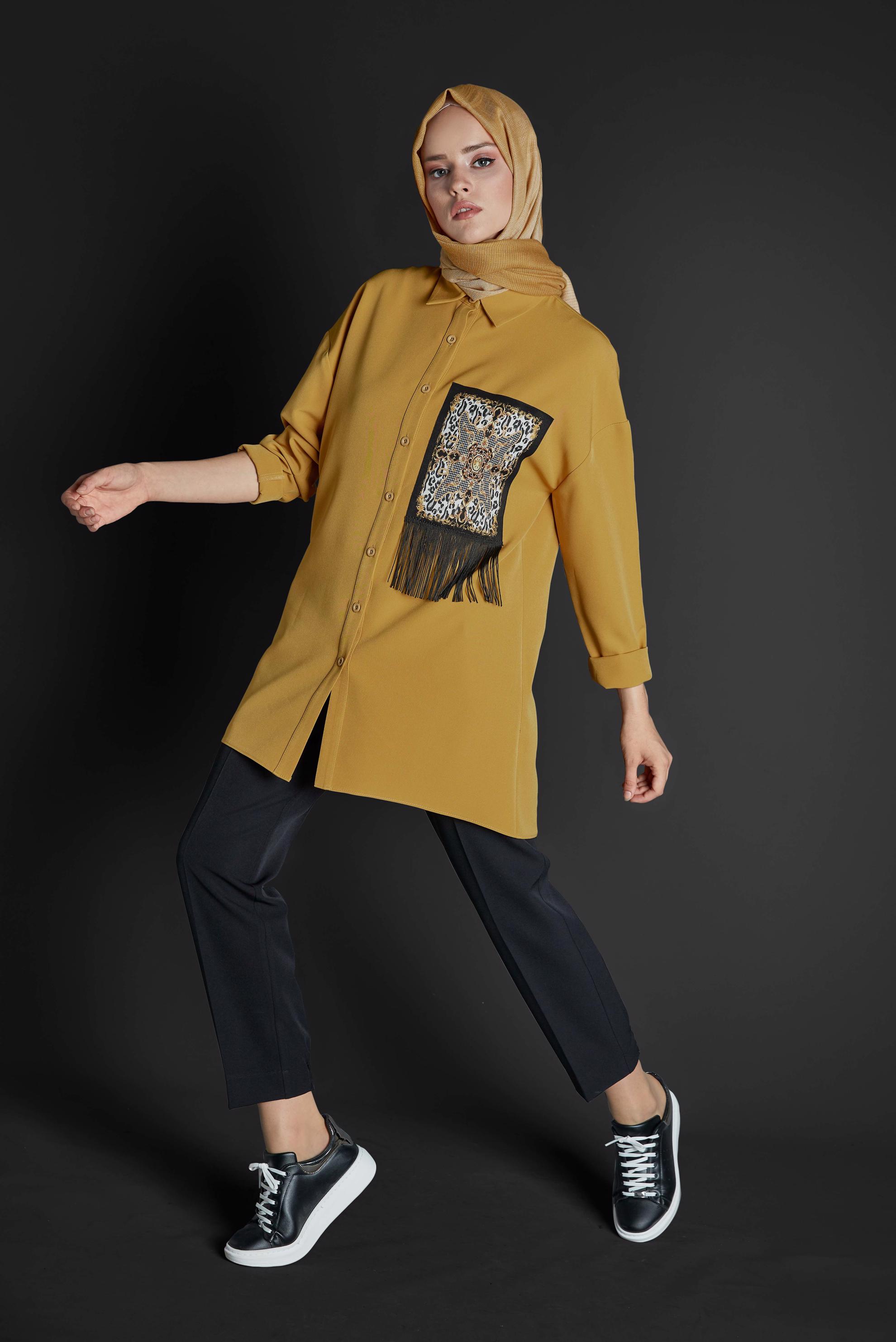 Tesettür giyim SARI PÜSKÜLLÜ DÜĞMELİ TUNİK 40112 