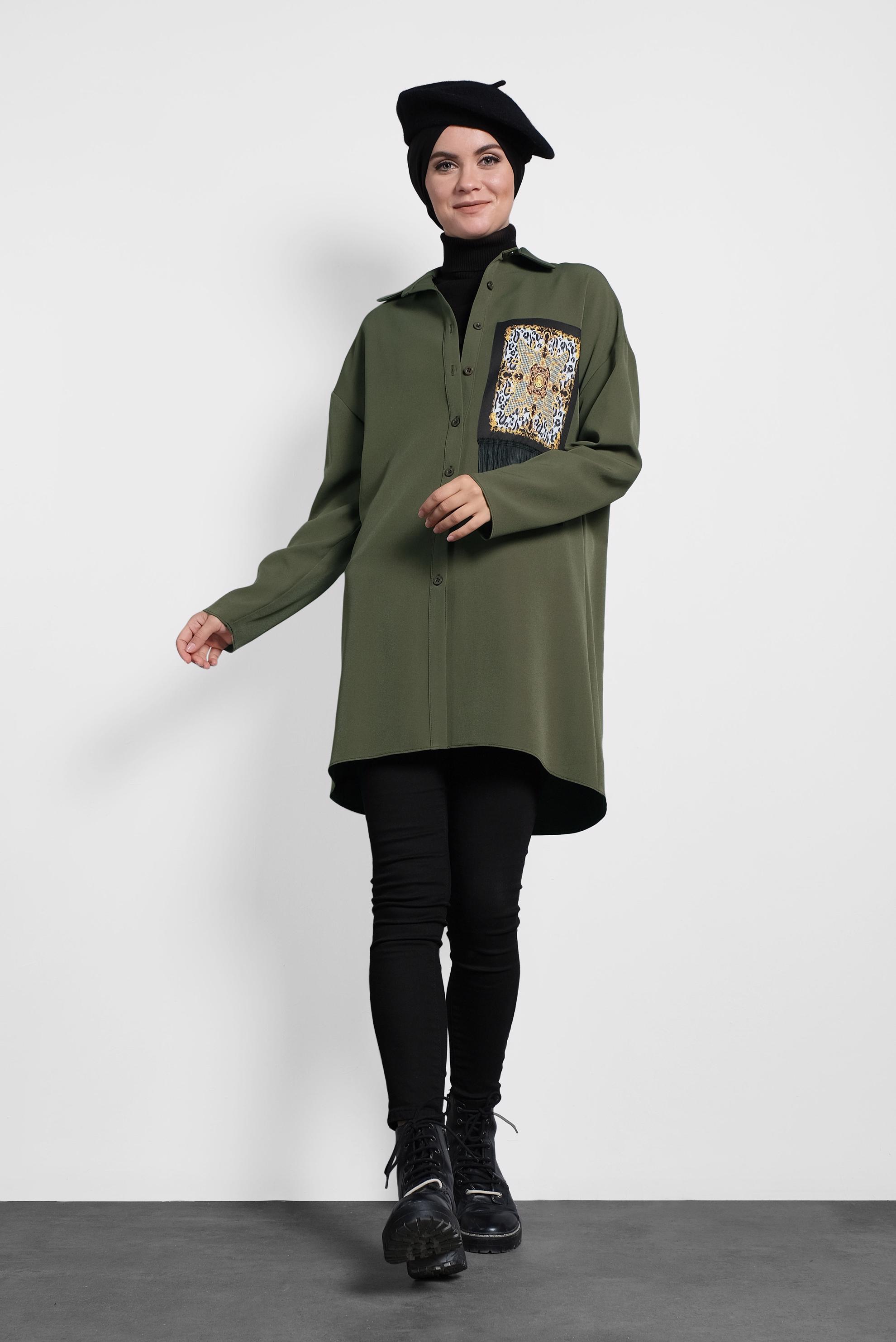 Tesettür giyim HAKİ PÜSKÜLLÜ DÜĞMELİ TUNİK 40112 