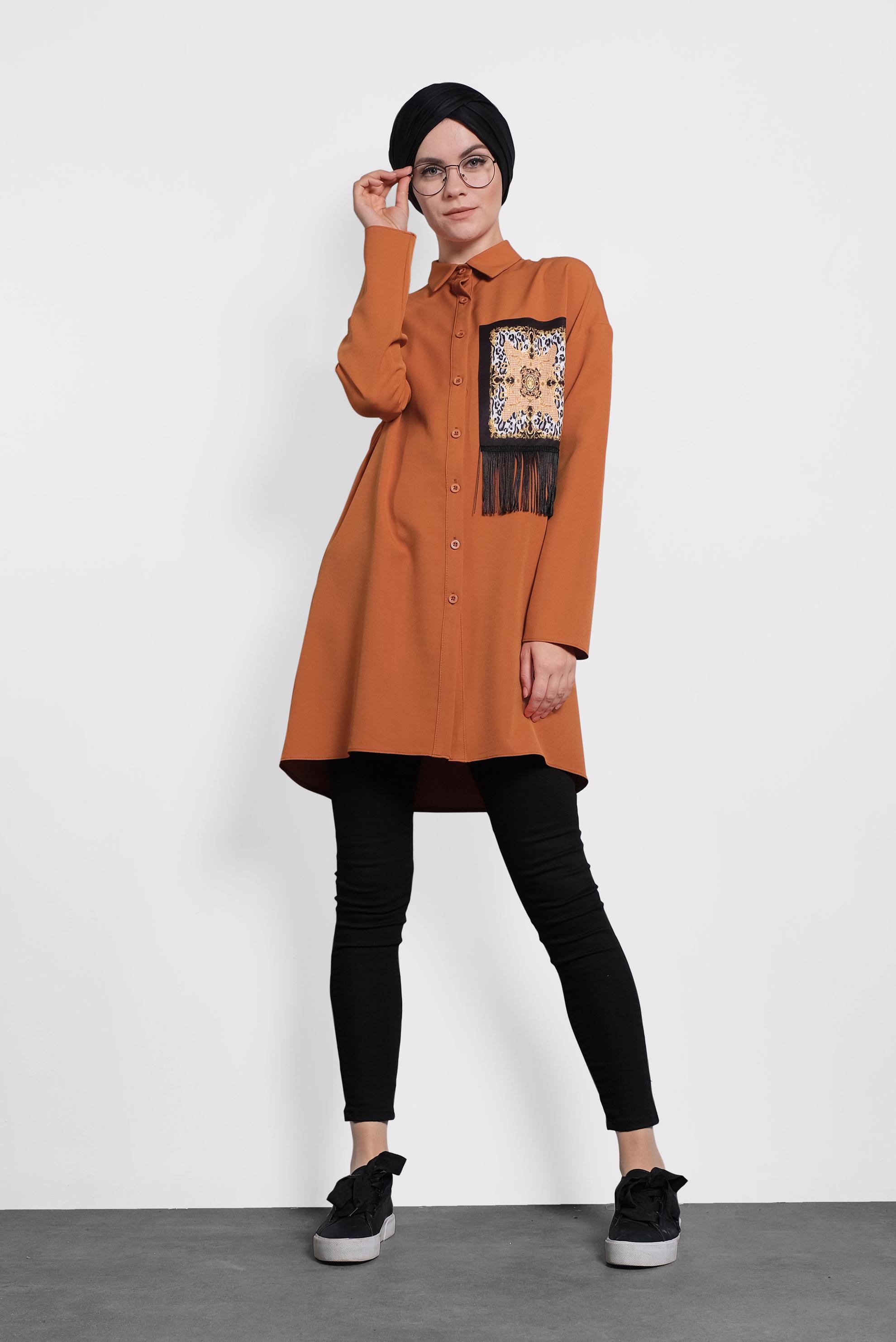 Tesettür giyim TURUNCU PÜSKÜLLÜ DÜĞMELİ TUNİK 40112 