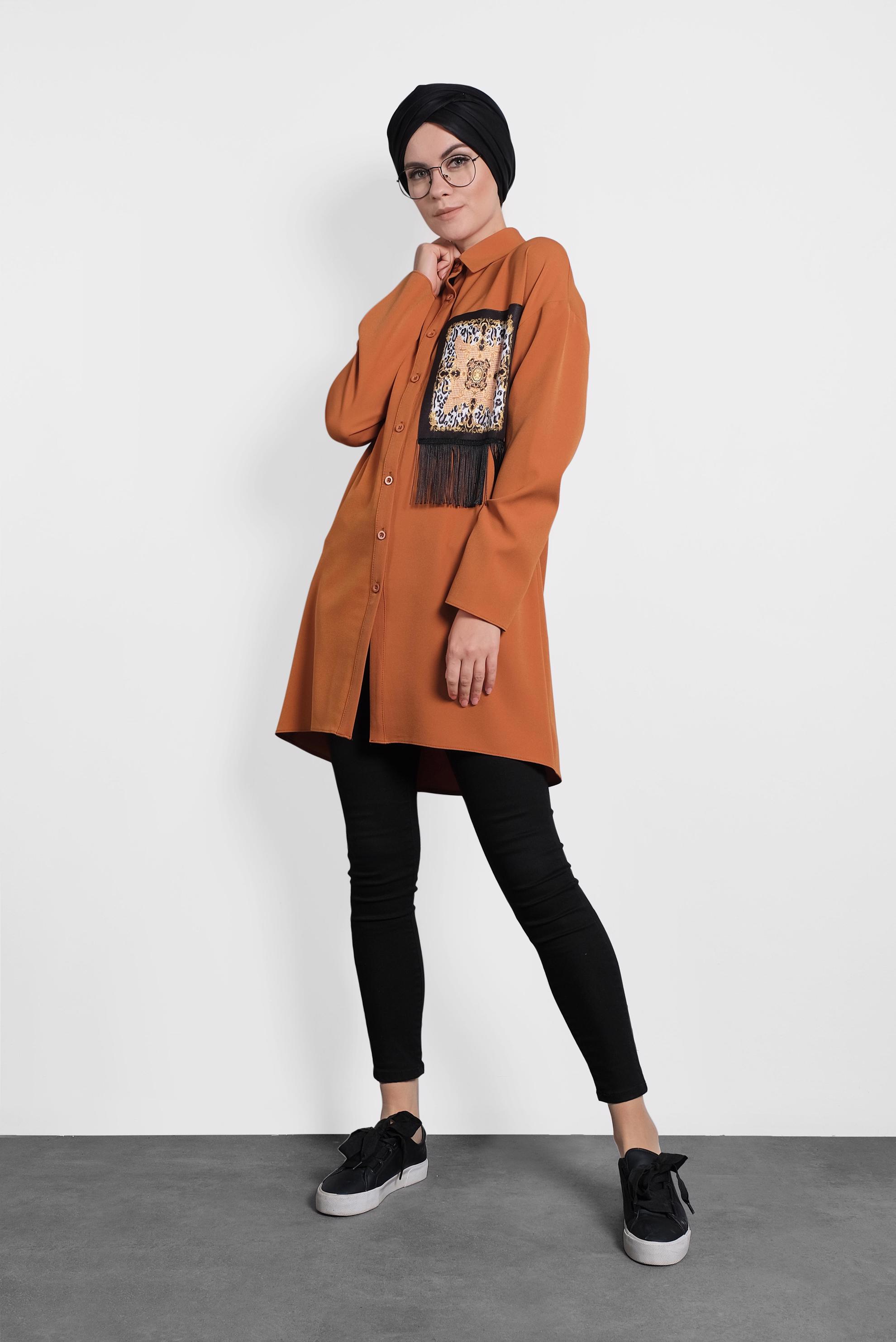 Tesettür giyim TURUNCU PÜSKÜLLÜ DÜĞMELİ TUNİK 40112 