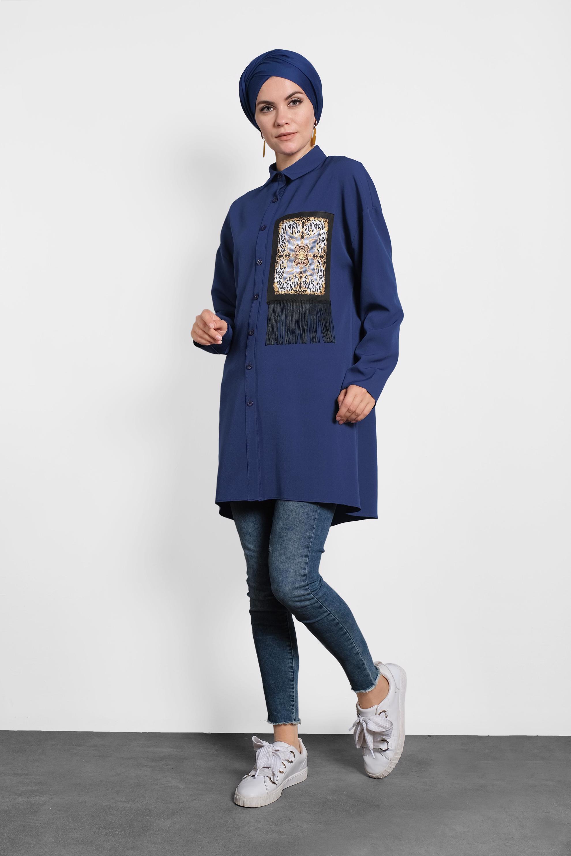 Tesettür giyim LACİVERT PÜSKÜLLÜ DÜĞMELİ TUNİK 40112 