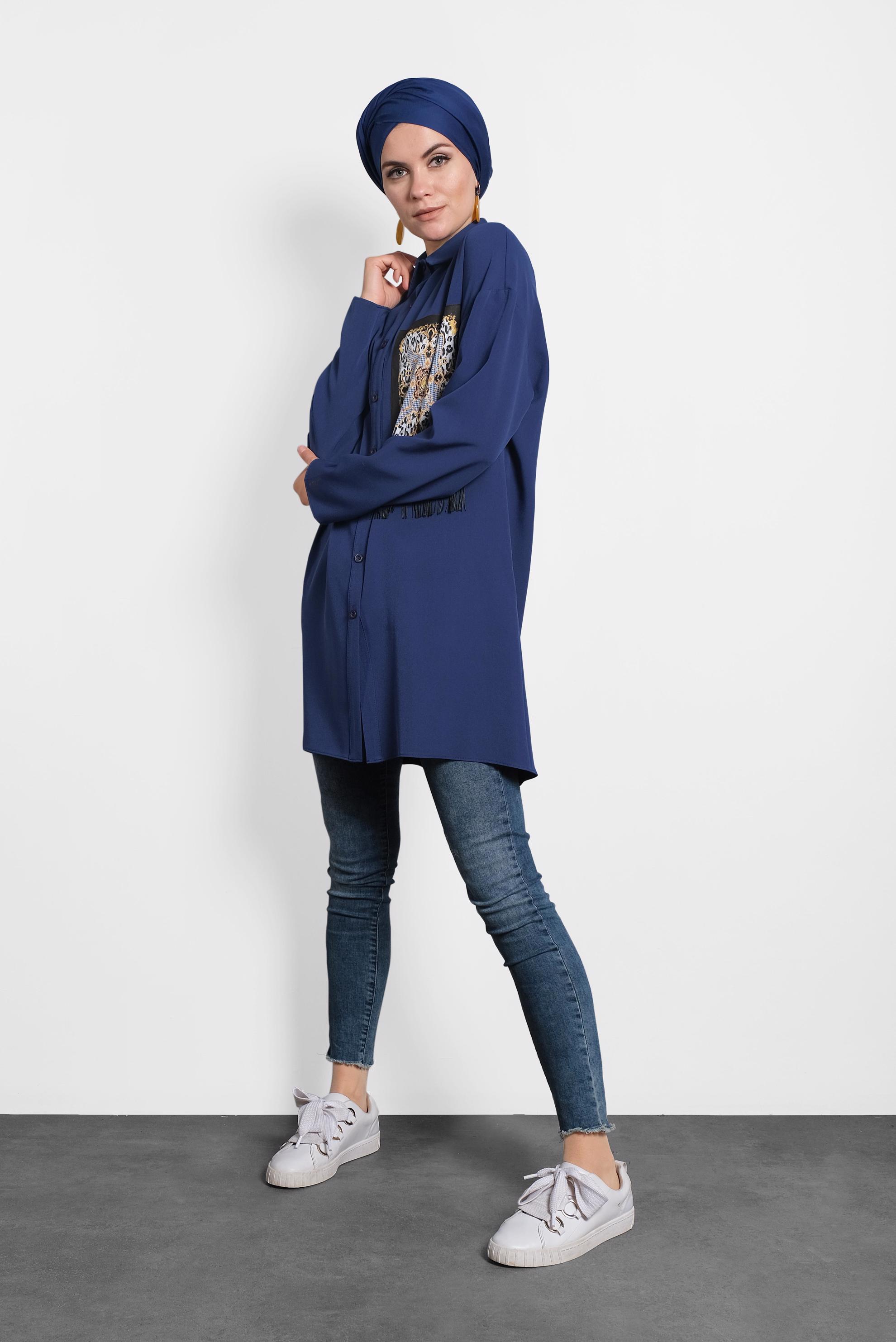 Tesettür giyim LACİVERT PÜSKÜLLÜ DÜĞMELİ TUNİK 40112 